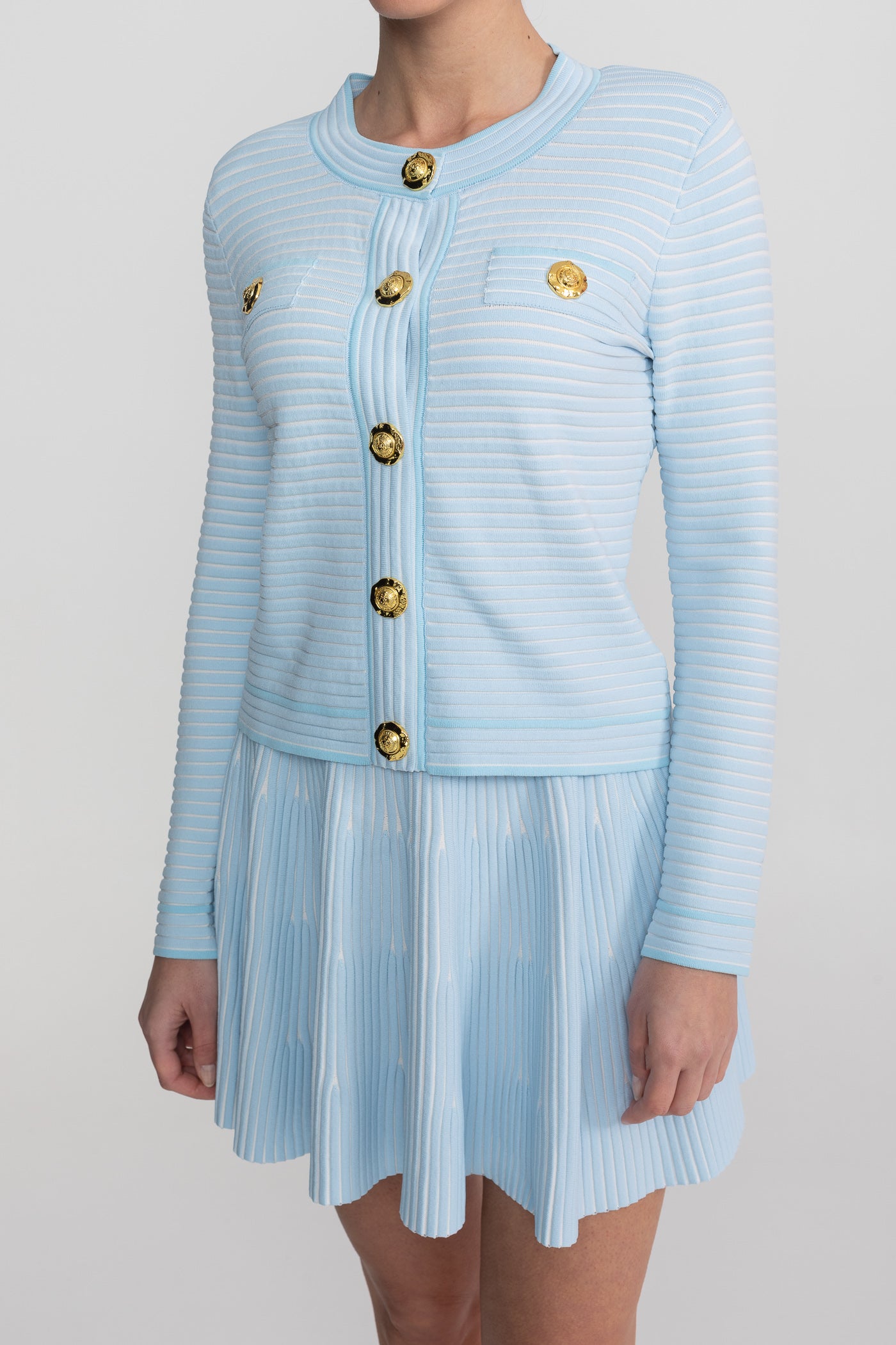 Ribbed Knit Co-Ord Set With Gold Button Embellishment - Blue