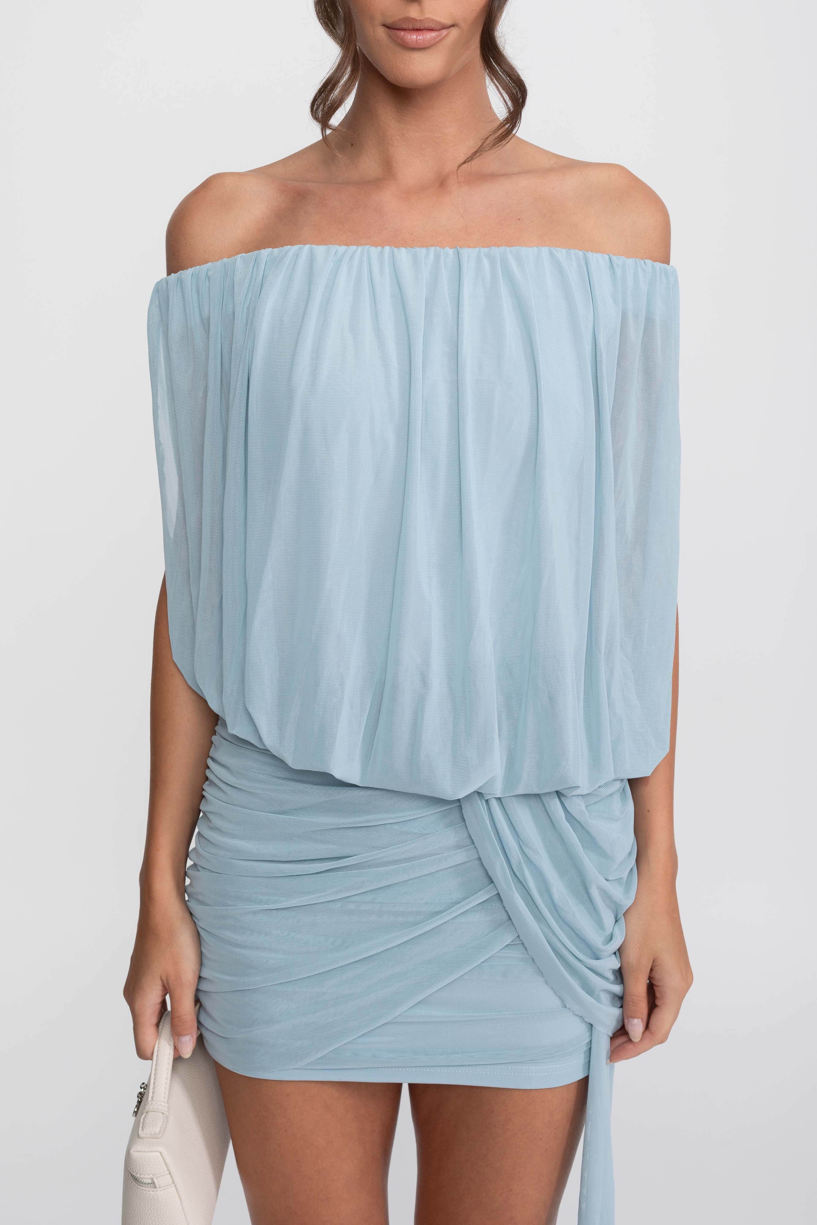 Off-Shoulder Ruched Wrap Mini Dress With Tie Waist - Light Blue