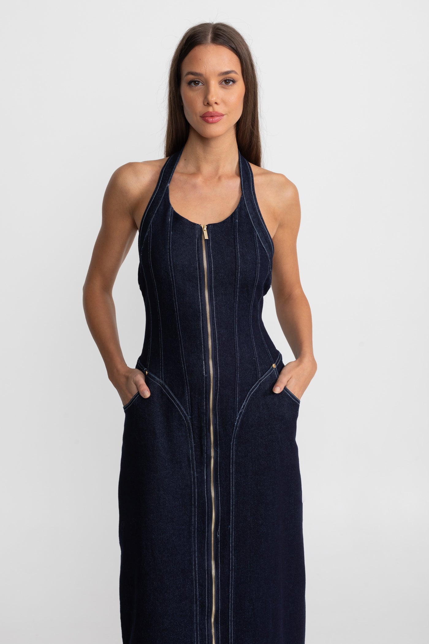 Denim Halter Dress with Front Zip Closure - Dark Indigo