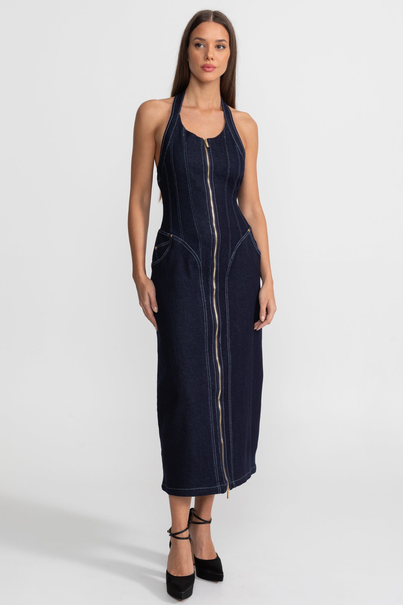 Denim Halter Dress with Front Zip Closure - Dark Indigo