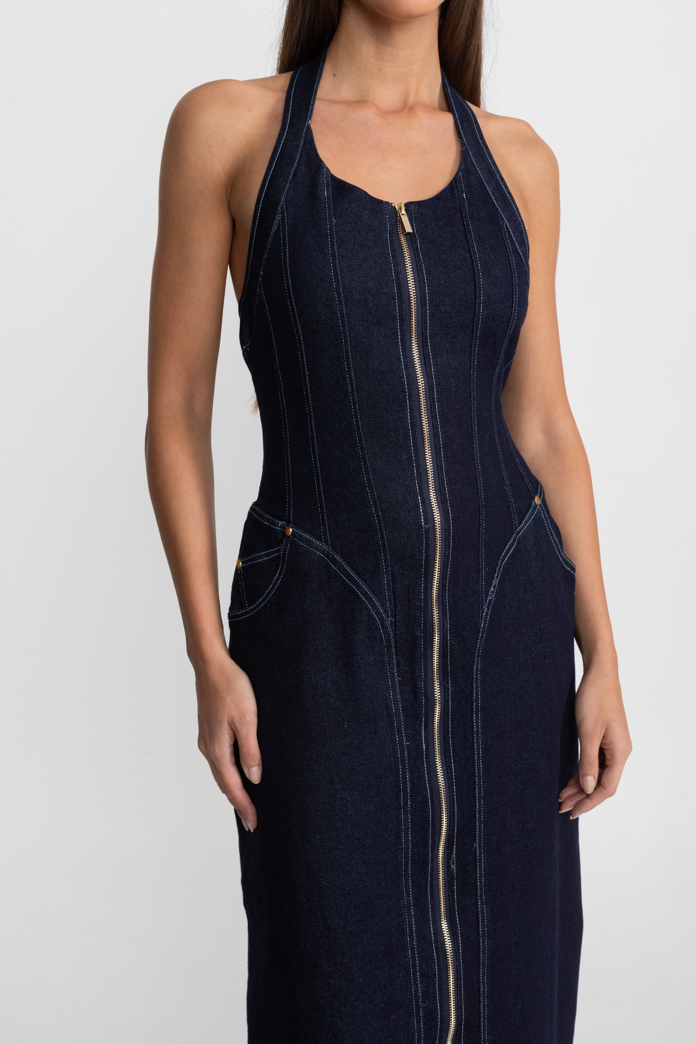 Denim Halter Dress with Front Zip Closure - Dark Indigo