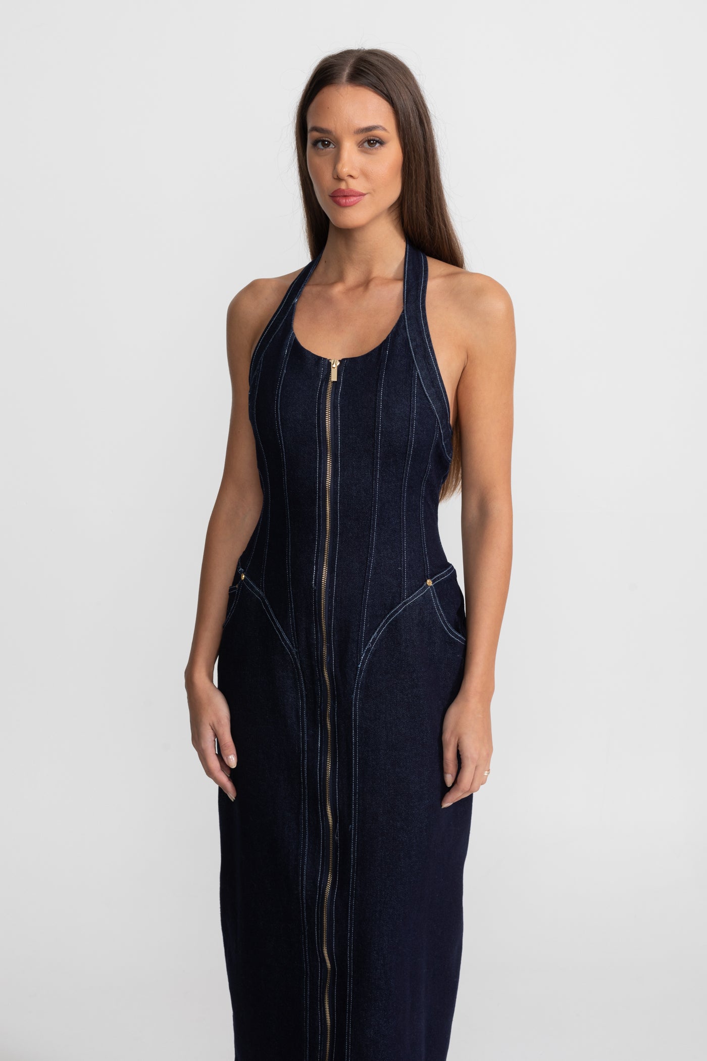 Denim Halter Dress with Front Zip Closure - Dark Indigo