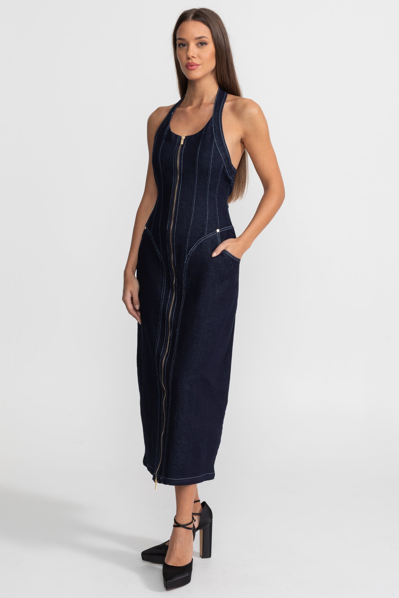 Denim Halter Dress with Front Zip Closure - Dark Indigo