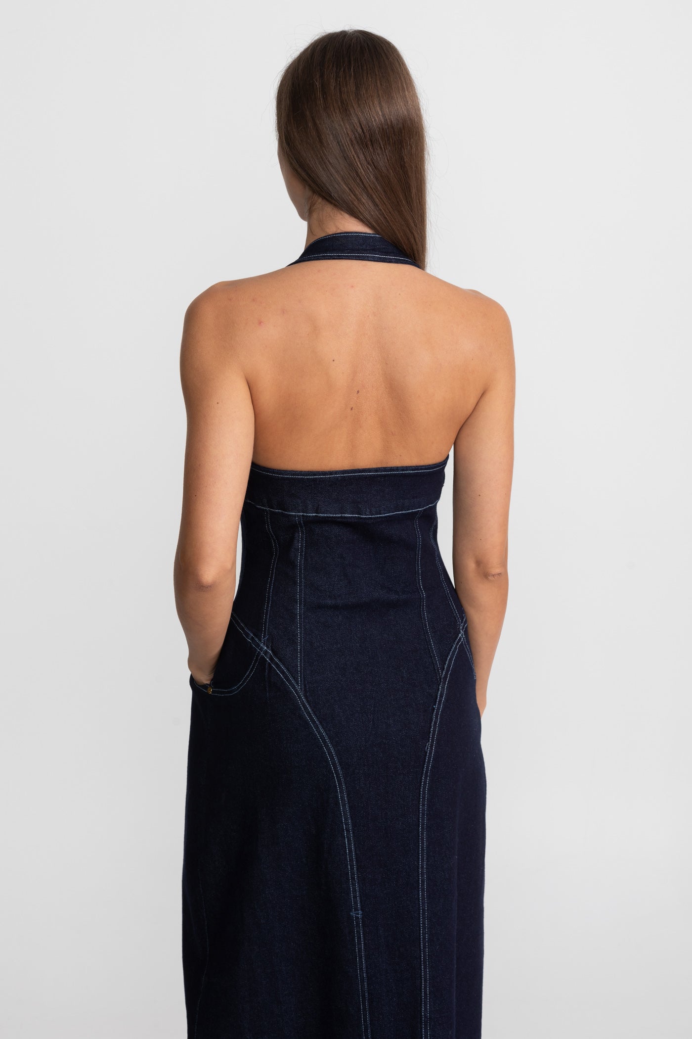 Denim Halter Dress with Front Zip Closure - Dark Indigo