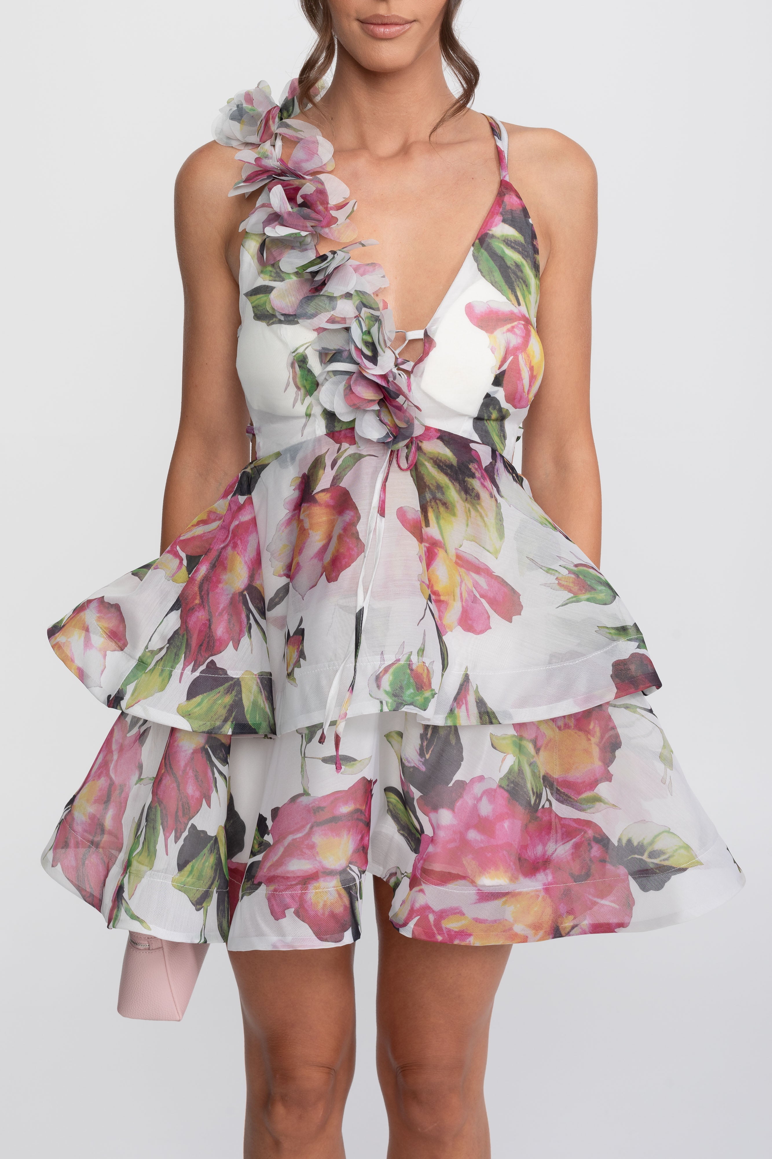 Floral Print Tiered Mini Dress With Ruffled Shoulder Strap - White