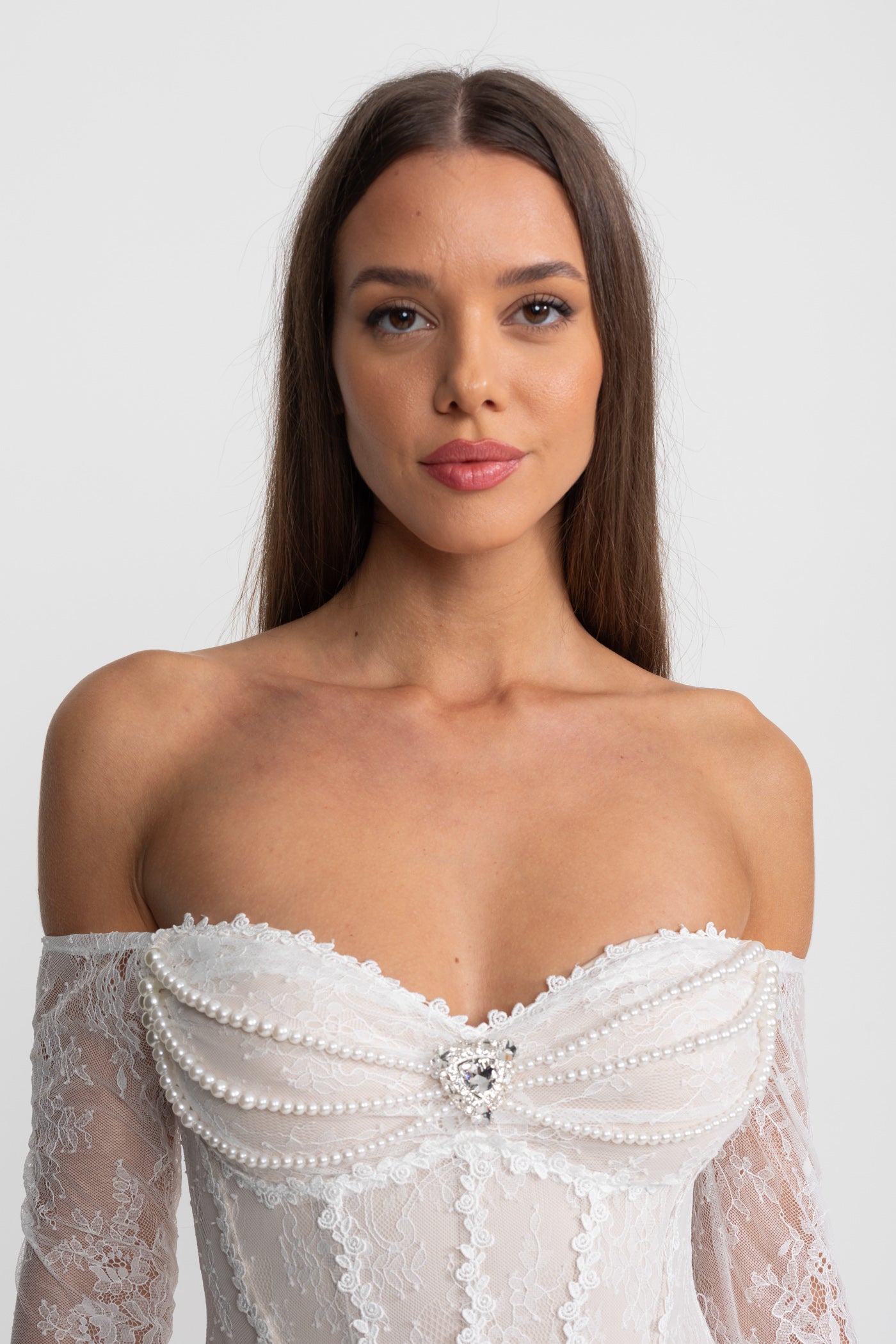 Off-Shoulder Lace Midi Dress with Pearl-Trimmed Bustier - Ivoire