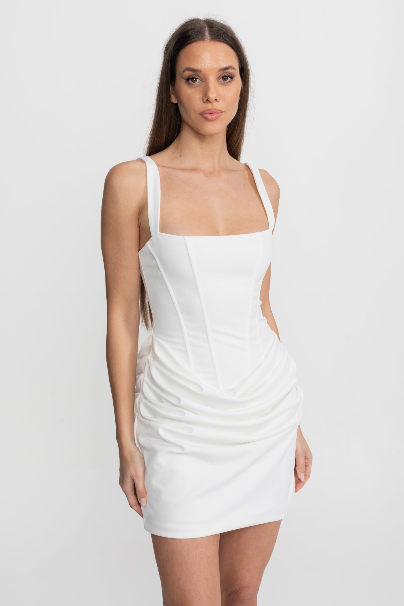 Corset Mini Dress with Ruched Skirt Detail – White