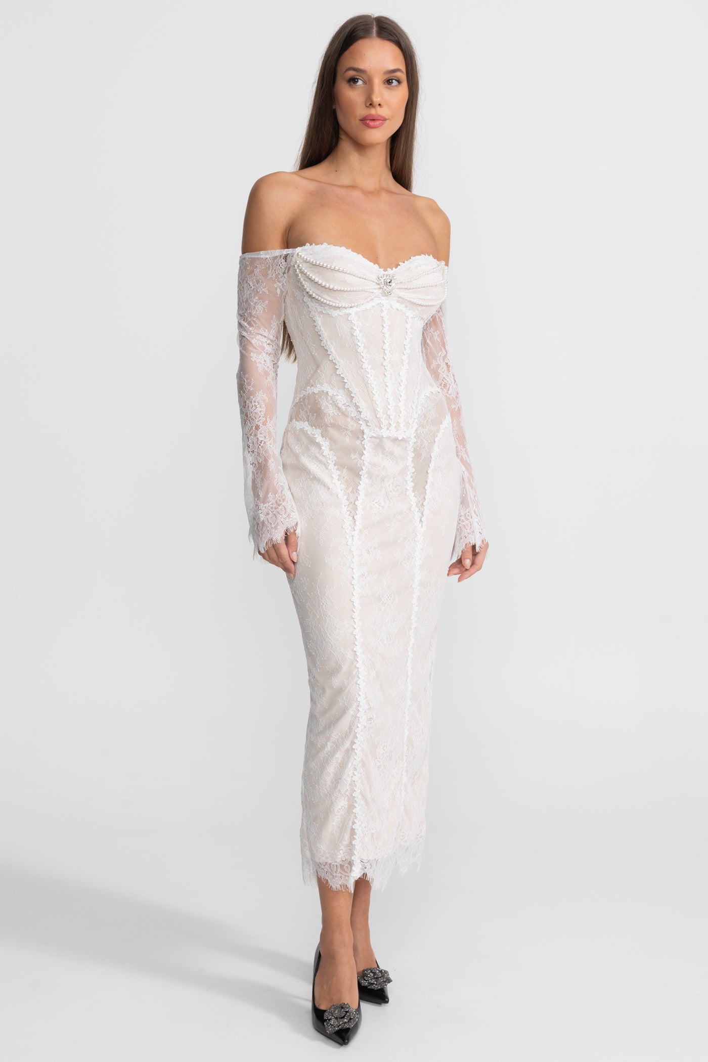 Off-Shoulder Lace Midi Dress with Pearl-Trimmed Bustier - Ivoire