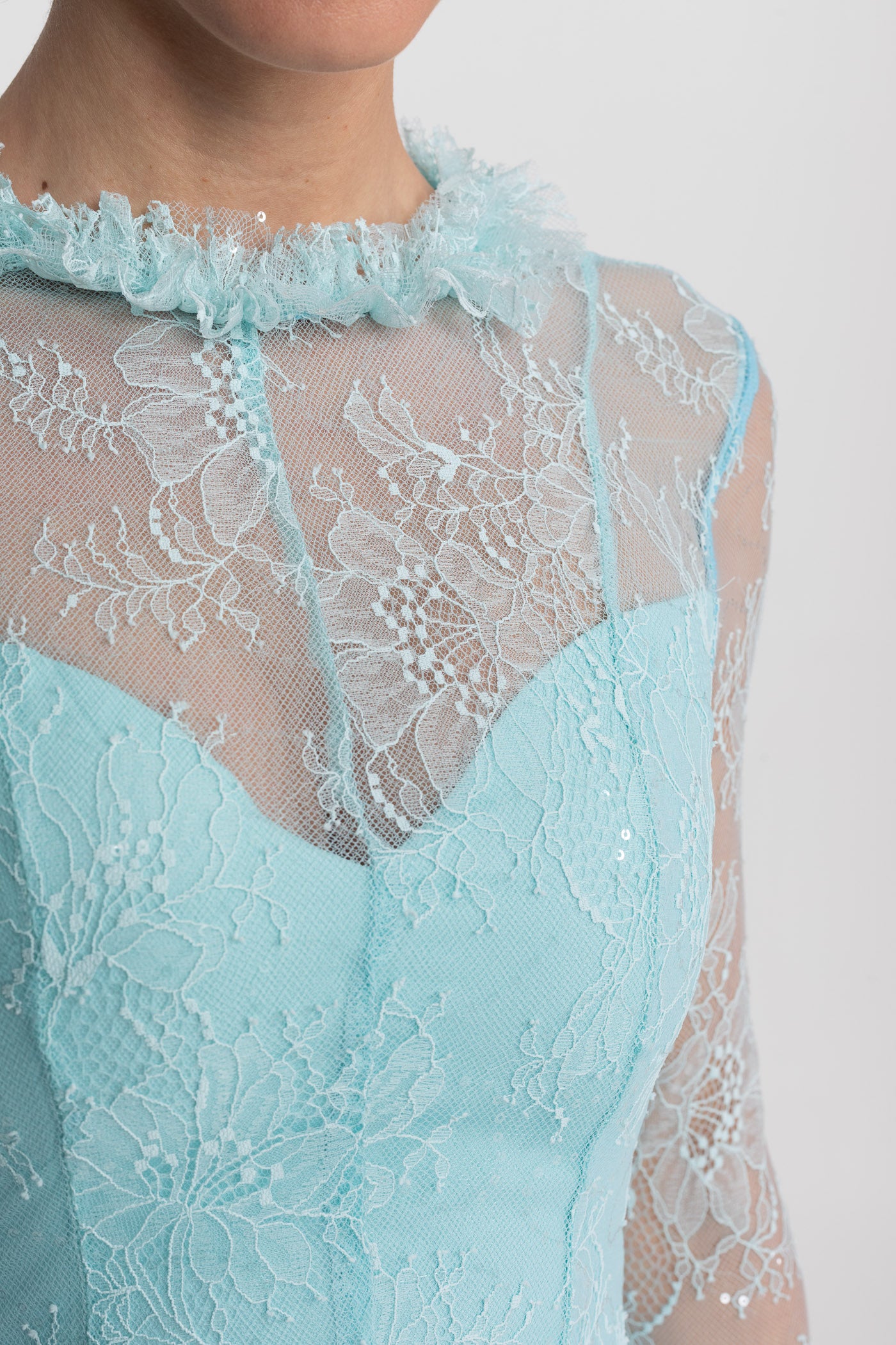 Sheer Lace Long Sleeve Mini Dress With Ruffled Hem - Teal