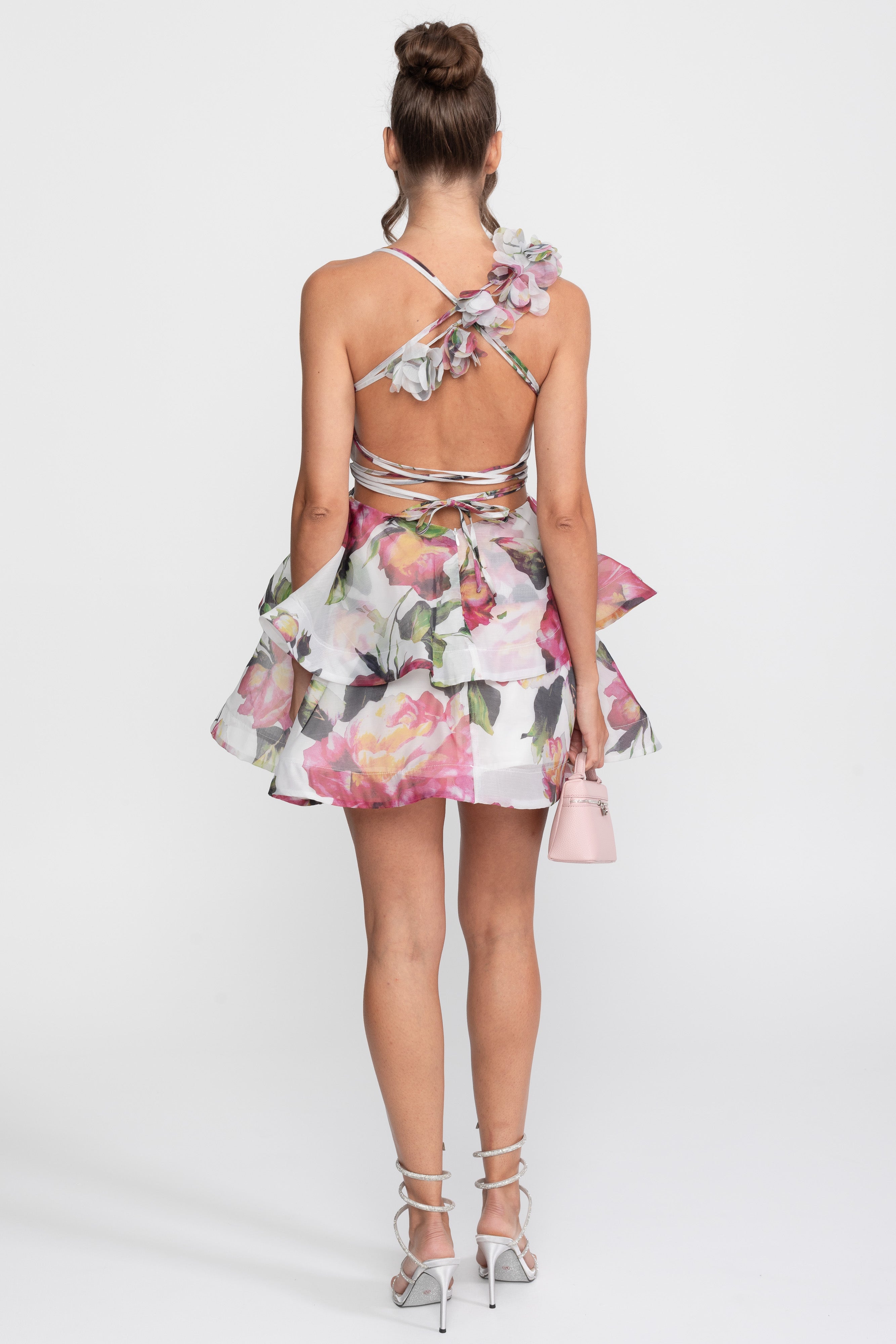 Floral Print Tiered Mini Dress With Ruffled Shoulder Strap - White