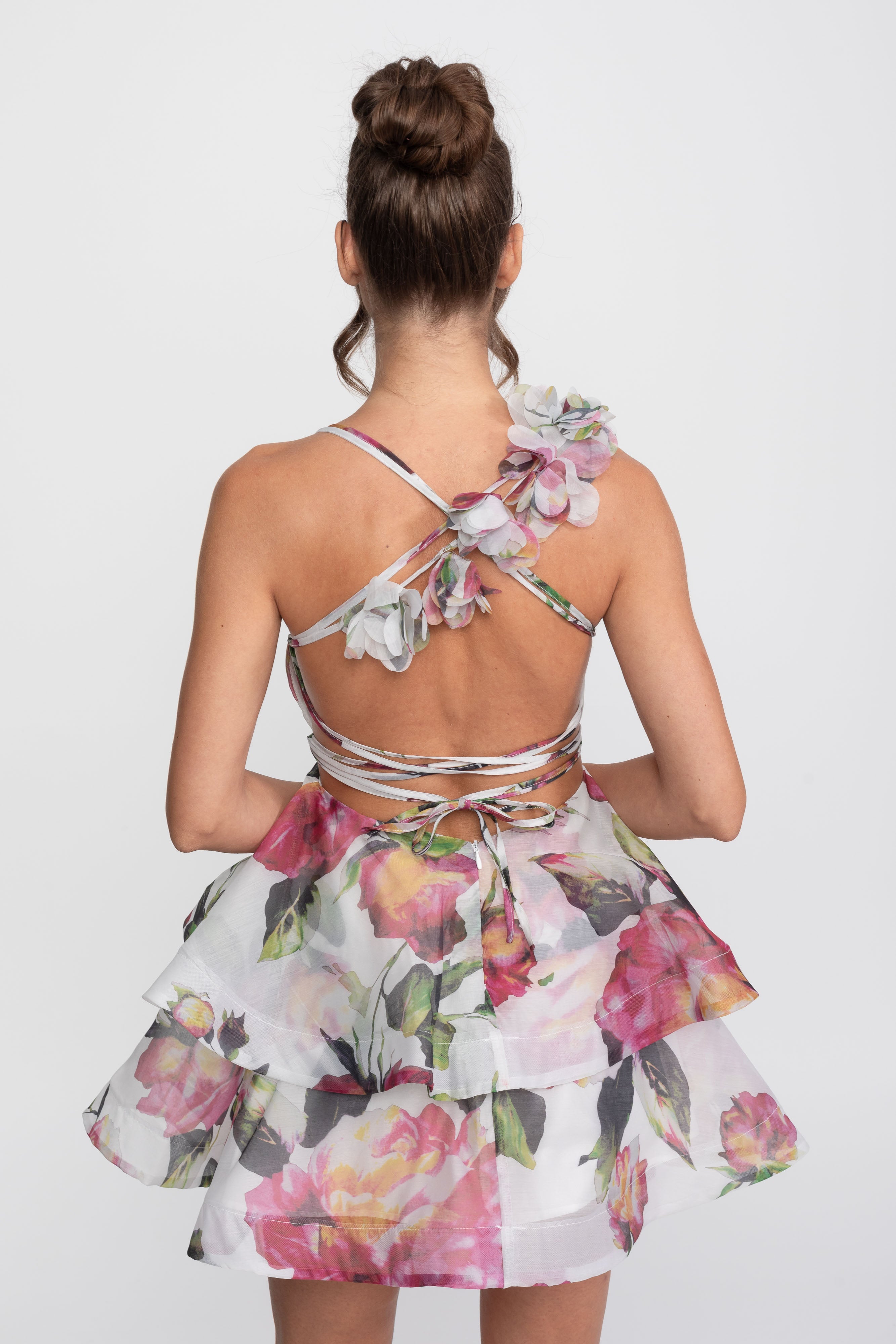 Floral Print Tiered Mini Dress With Ruffled Shoulder Strap - White