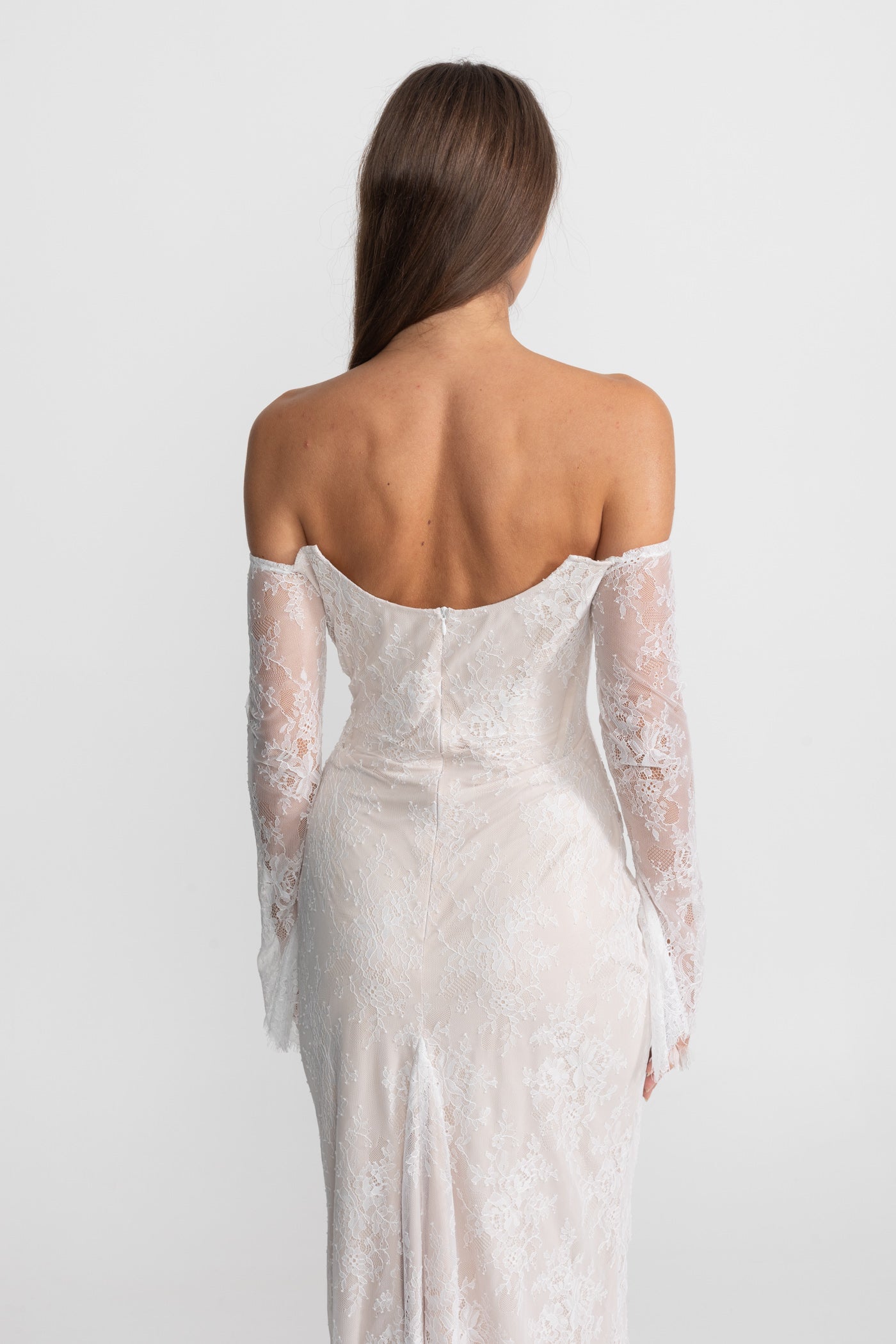 Off-Shoulder Lace Midi Dress with Pearl-Trimmed Bustier - Ivoire