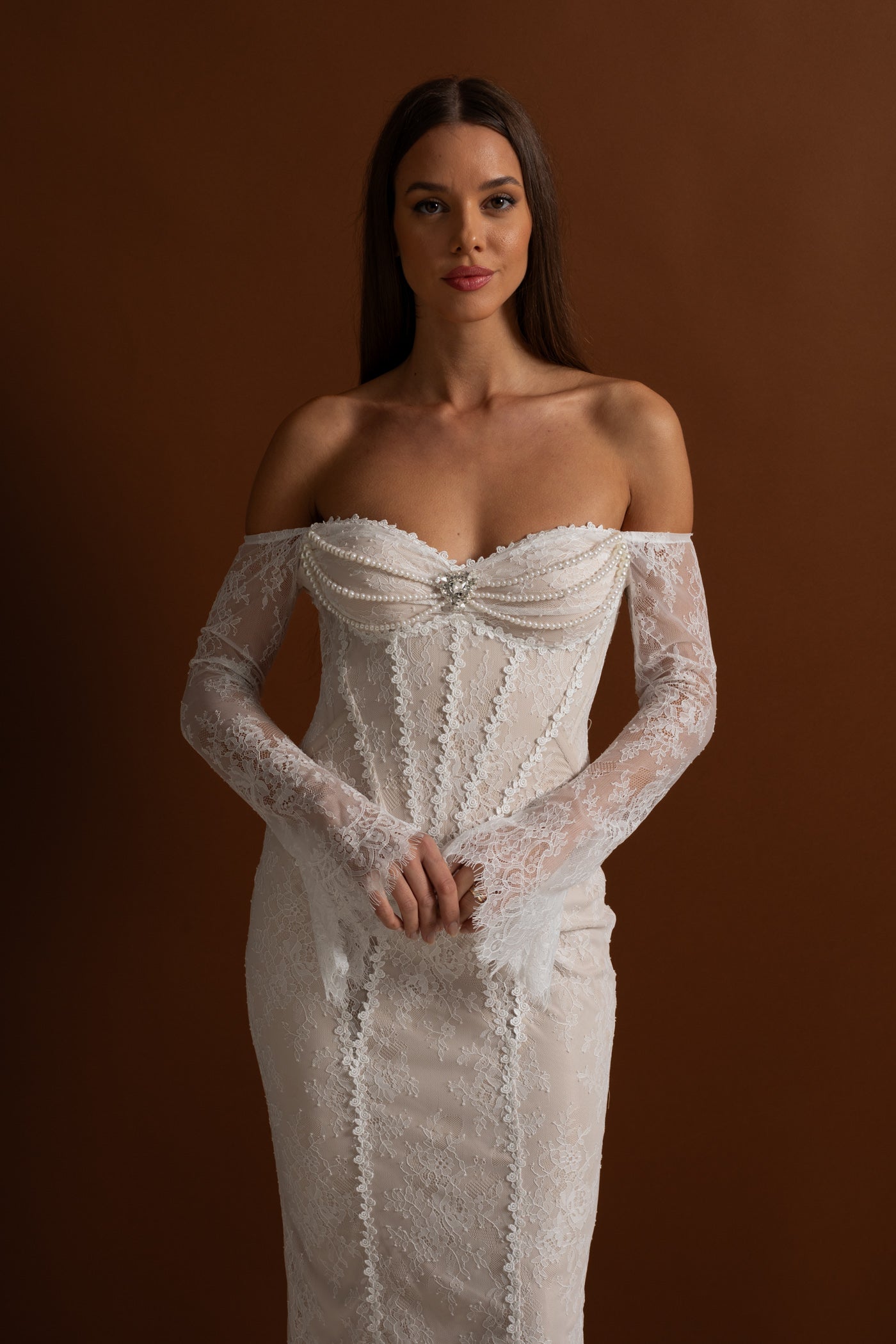 Off-Shoulder Lace Midi Dress with Pearl-Trimmed Bustier - Ivoire