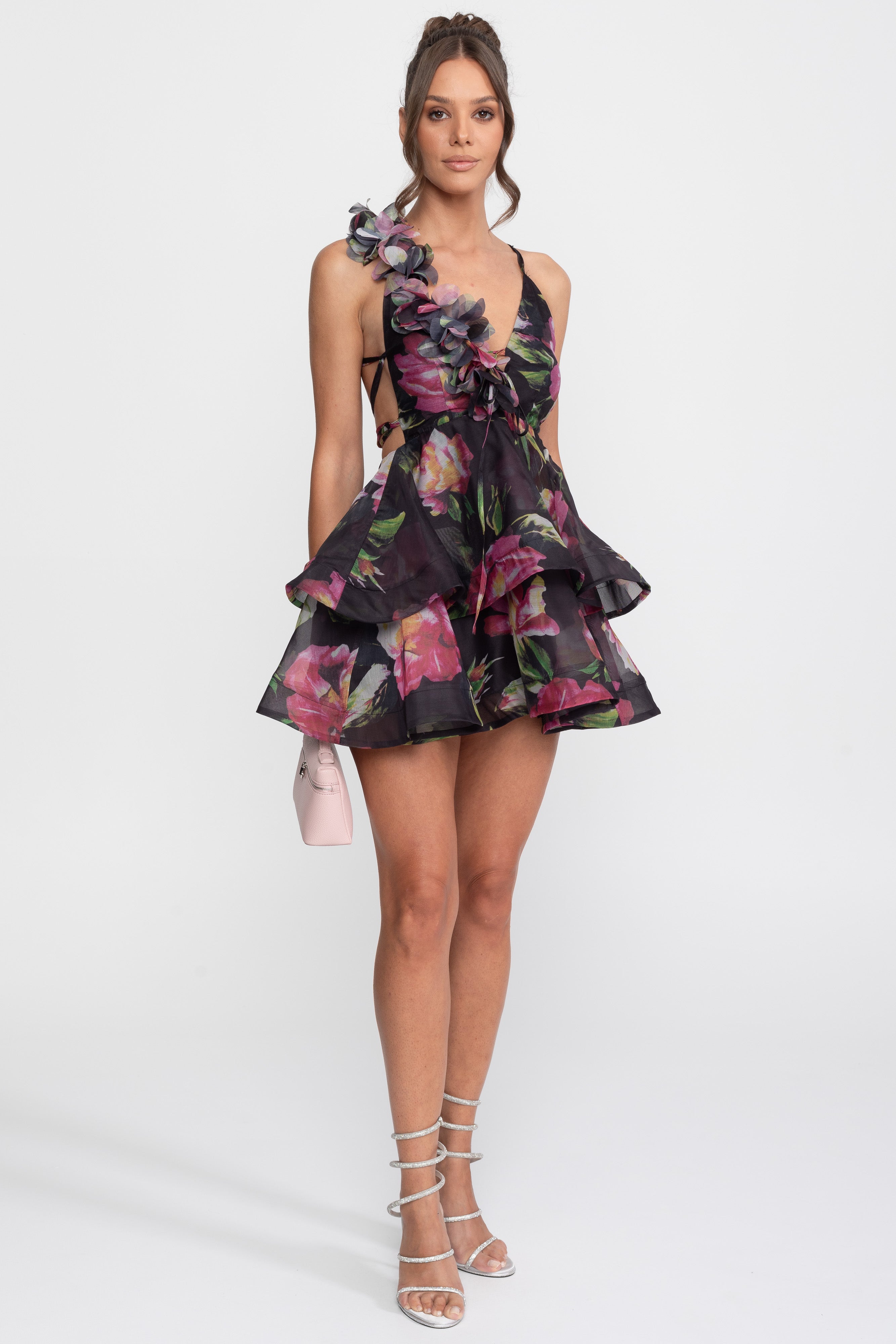 Floral Print Tiered Mini Dress With Ruffled Shoulder Strap - Black