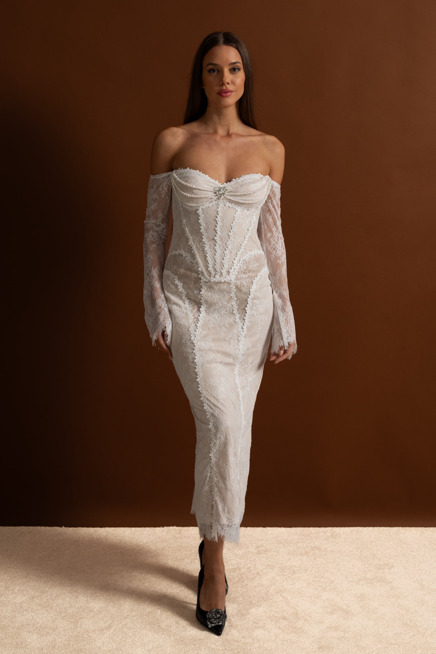 Off-Shoulder Lace Midi Dress with Pearl-Trimmed Bustier - Ivoire
