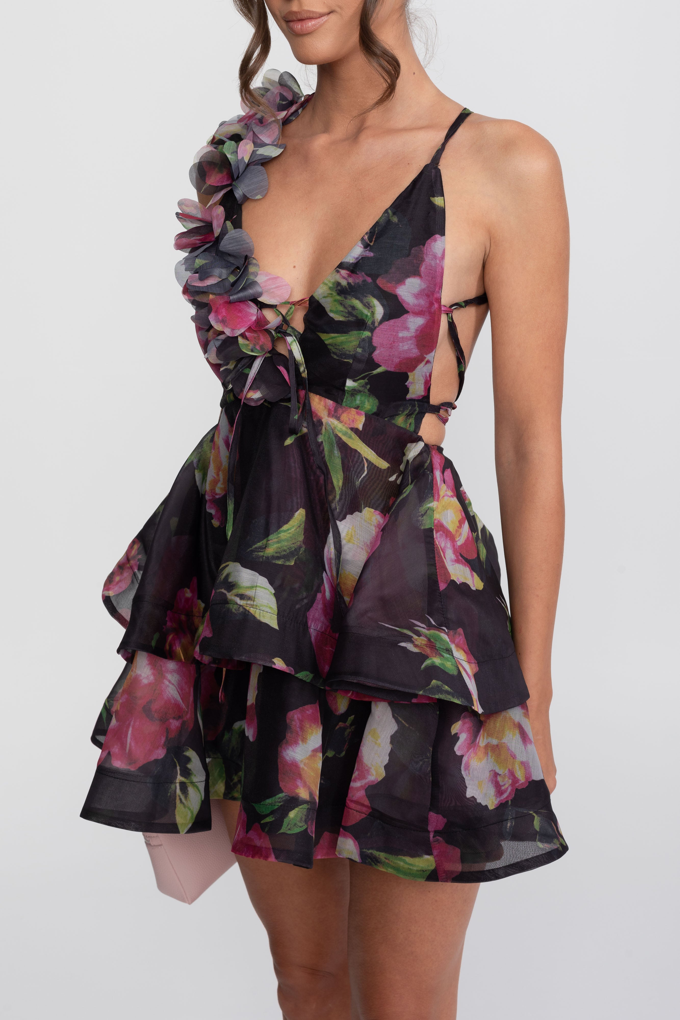 Floral Print Tiered Mini Dress With Ruffled Shoulder Strap - Black