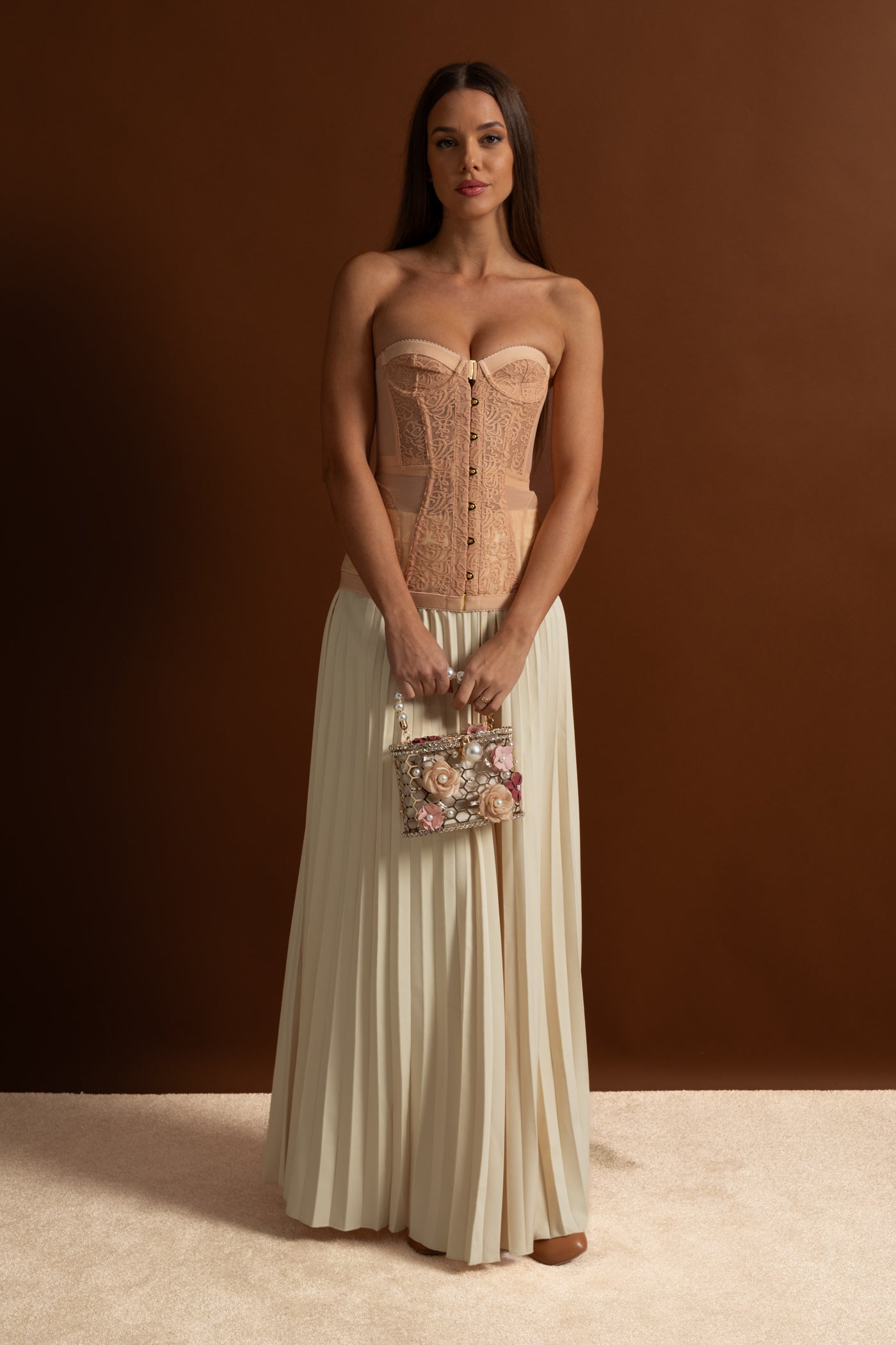 Strapless Lace Corset Top with Boning and Front Closure - Nude