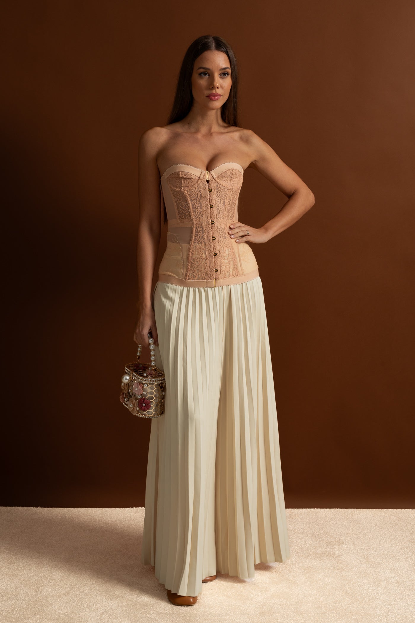Strapless Lace Corset Top with Boning and Front Closure - Nude