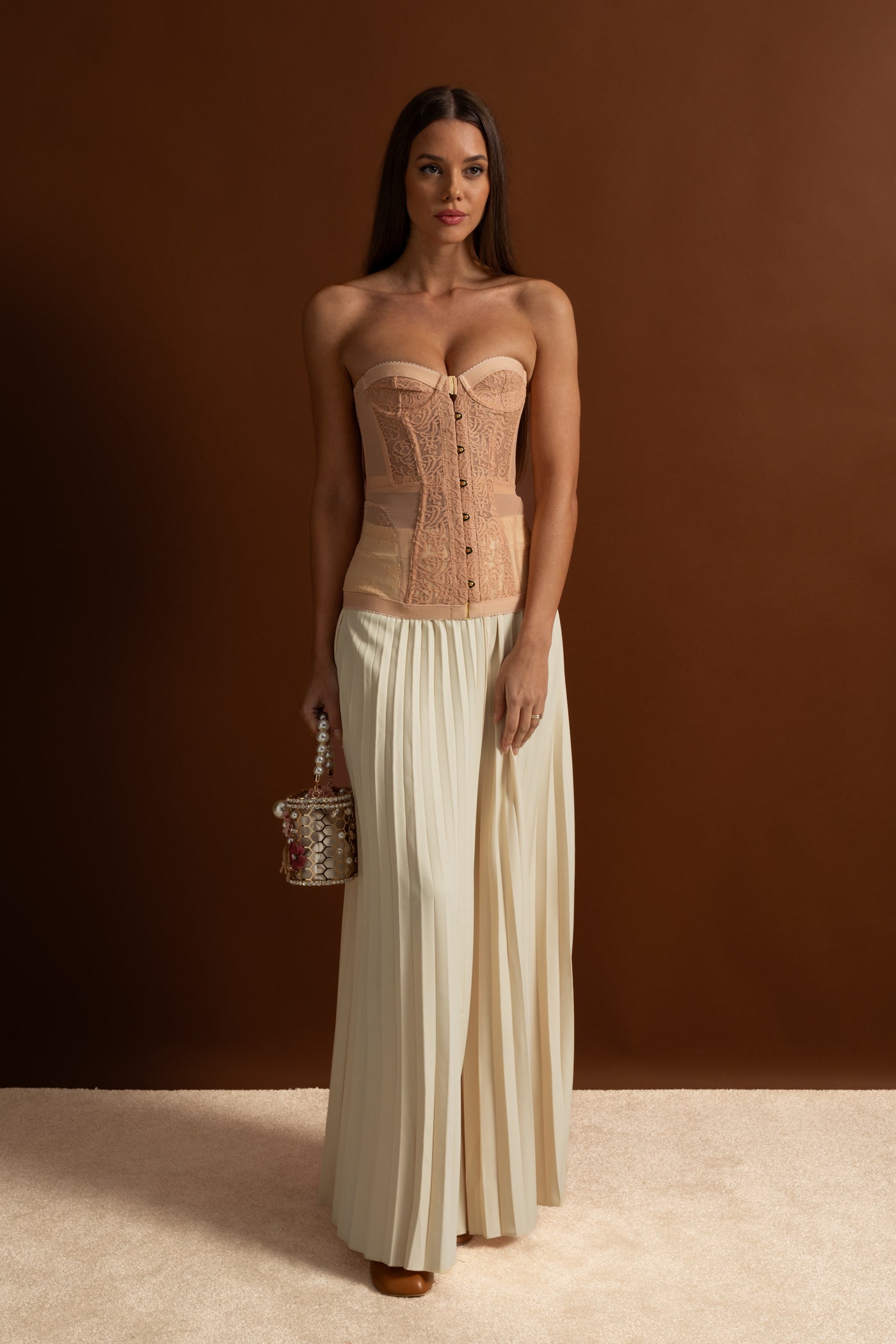 Strapless Lace Corset Top with Boning and Front Closure - Nude