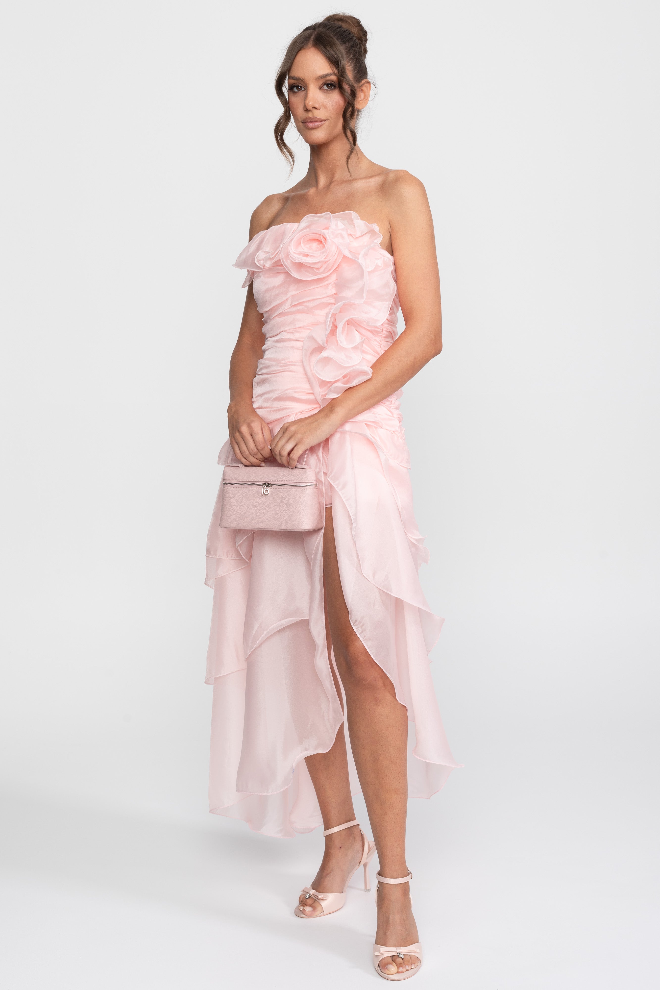 Strapless Rosette Petal Dress With 3D Floral Embellishments - Pink
