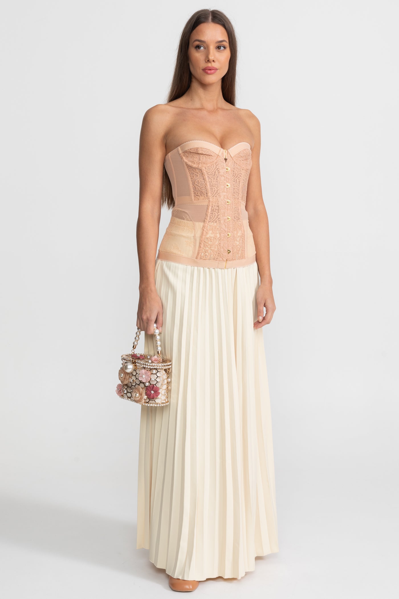 Strapless Lace Corset Top with Boning and Front Closure - Nude