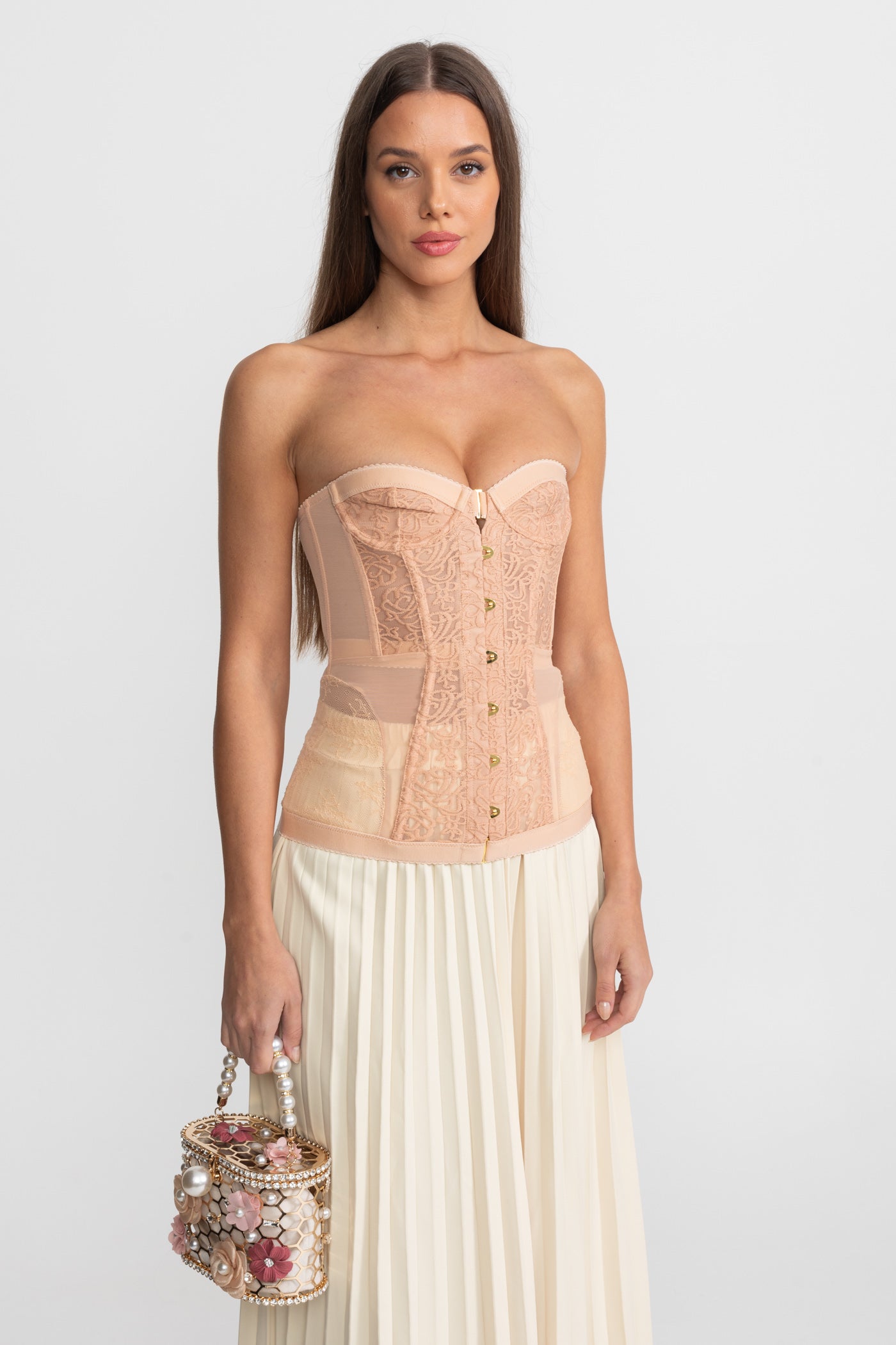 Strapless Lace Corset Top with Boning and Front Closure - Nude
