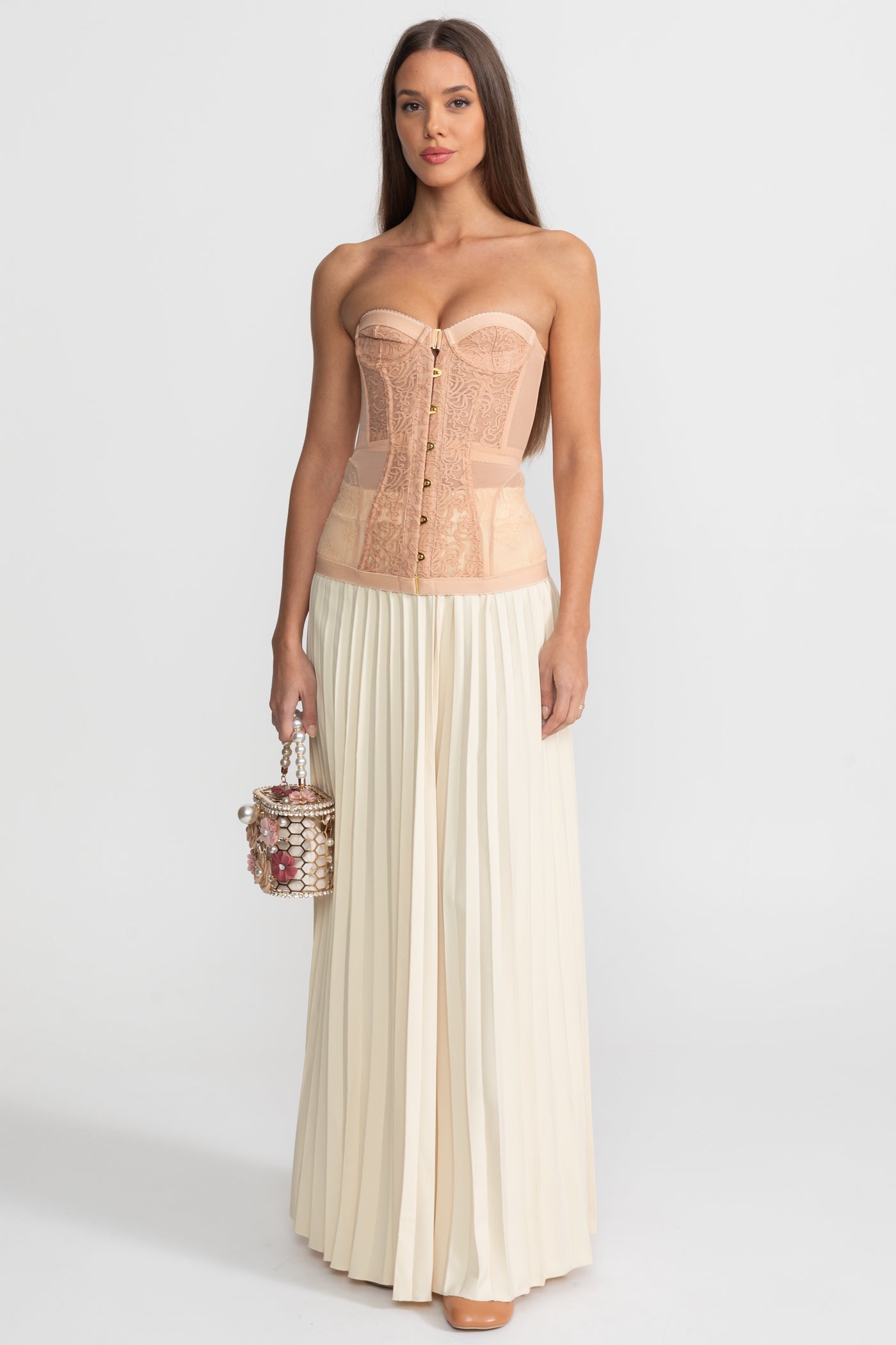 Strapless Lace Corset Top with Boning and Front Closure - Nude