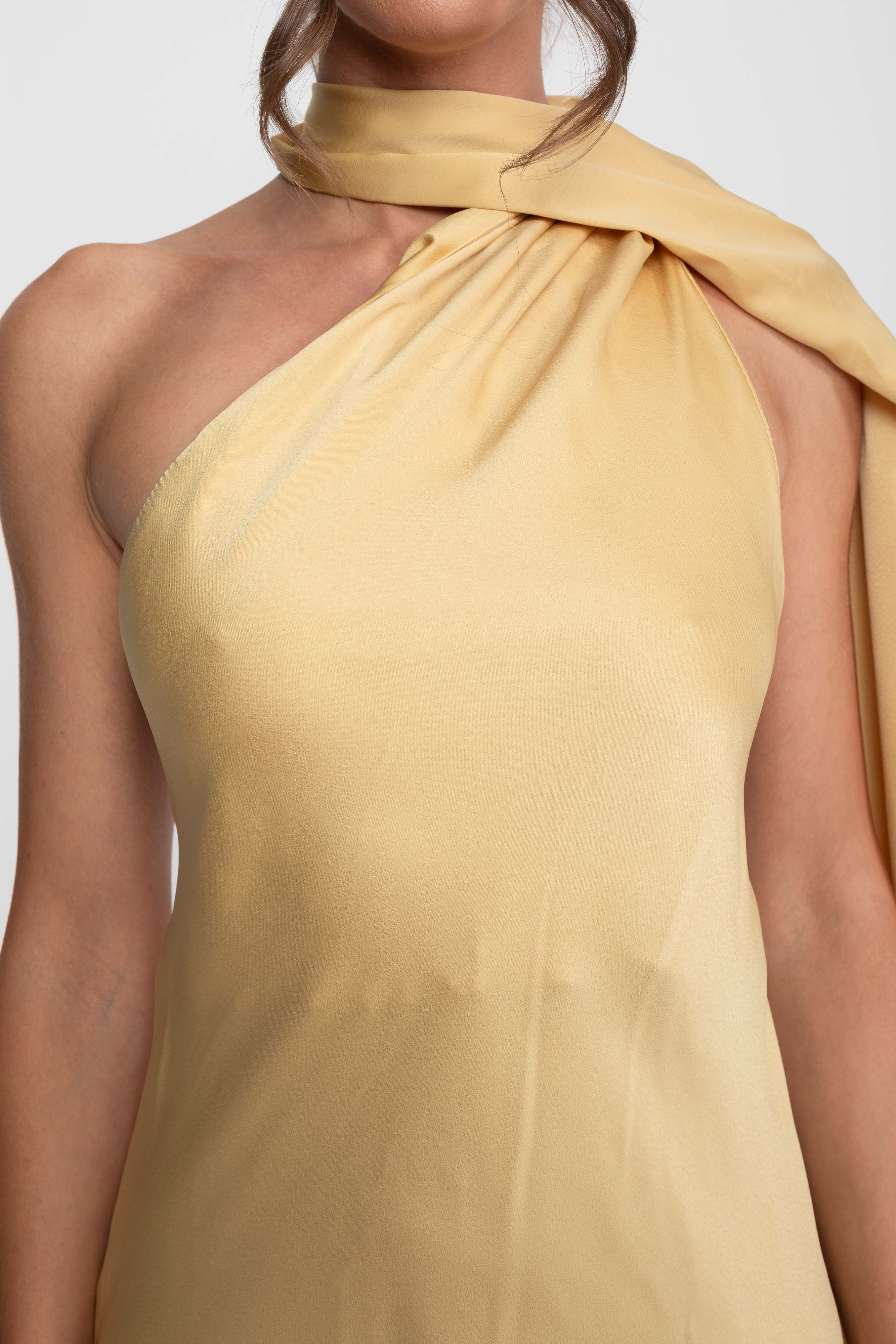 Twist Halter Satin Slip Dress With Asymmetric Neckline - Yellow