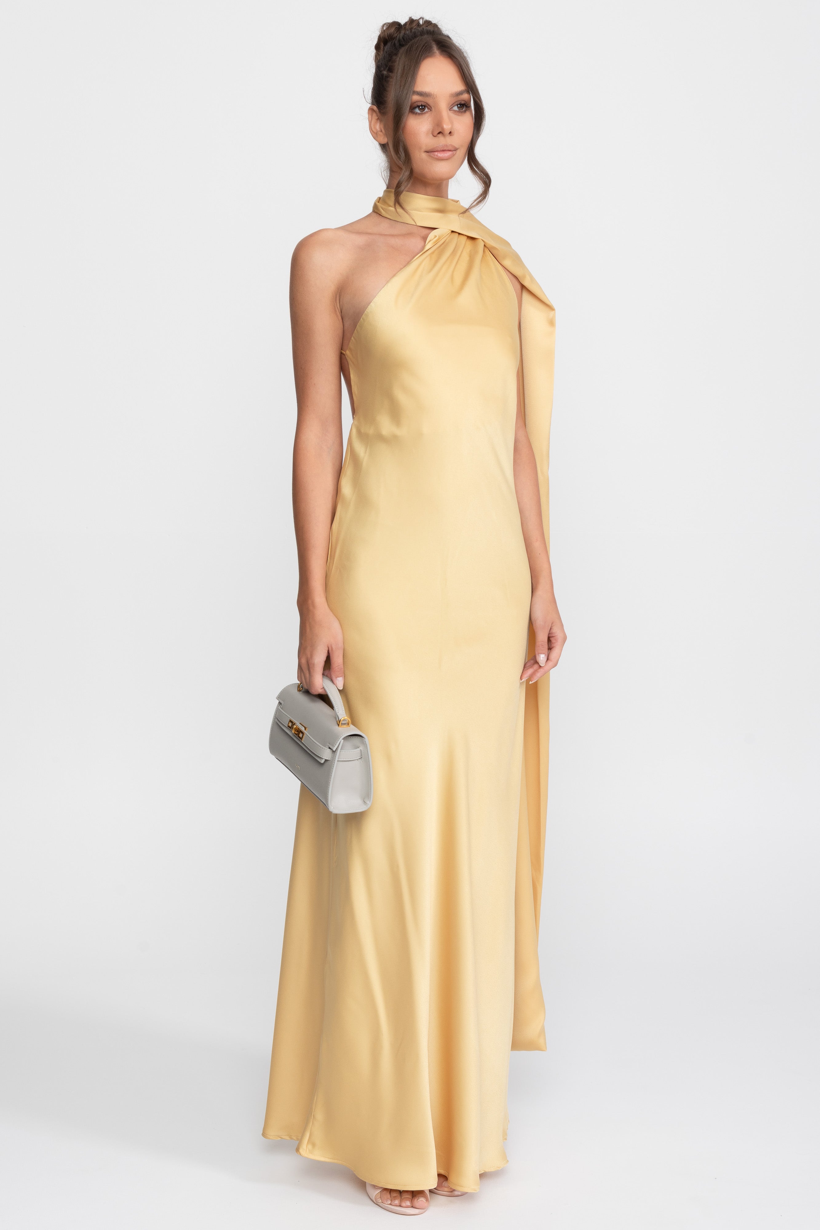 Twist Halter Satin Slip Dress With Asymmetric Neckline - Yellow