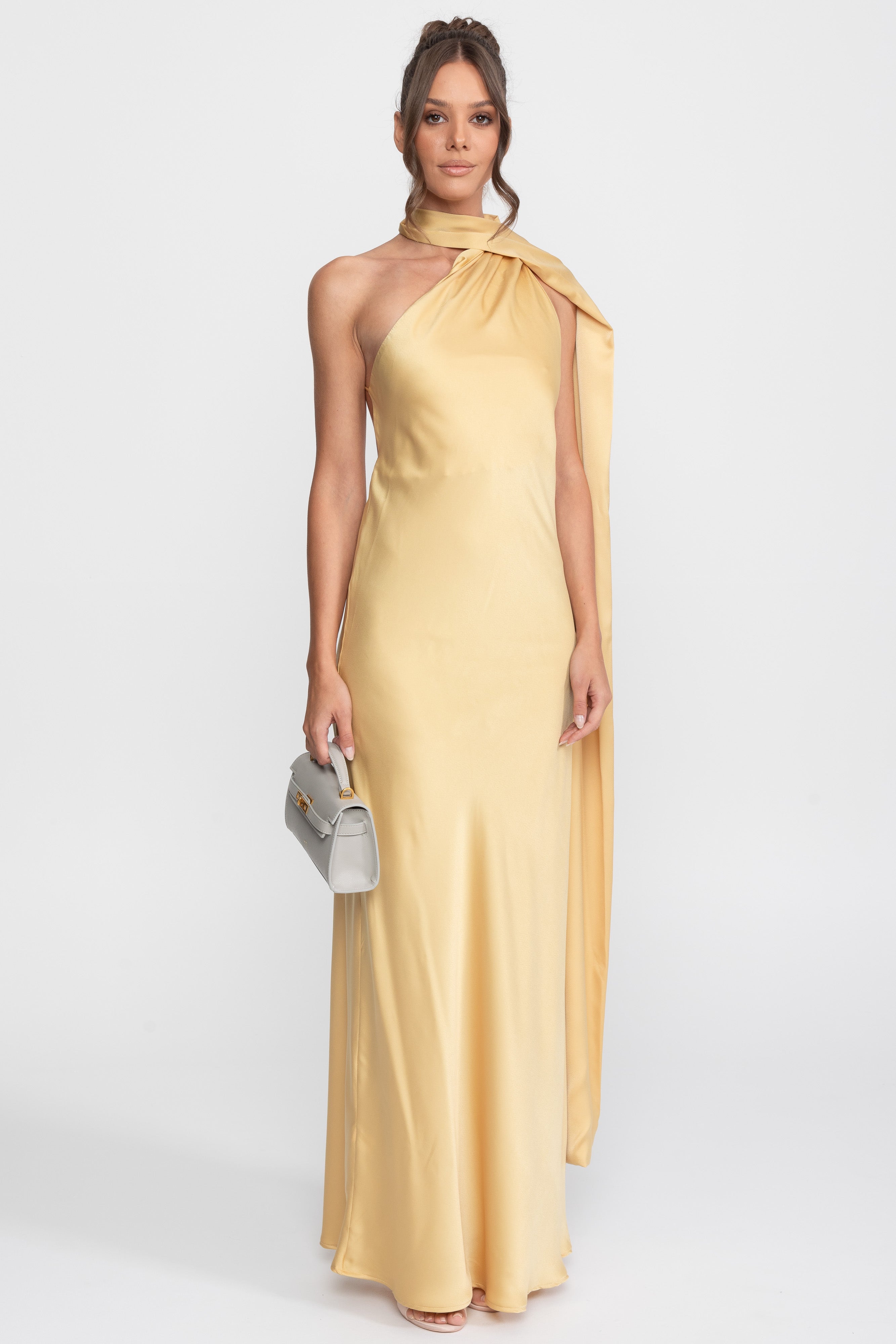 Twist Halter Satin Slip Dress With Asymmetric Neckline - Yellow
