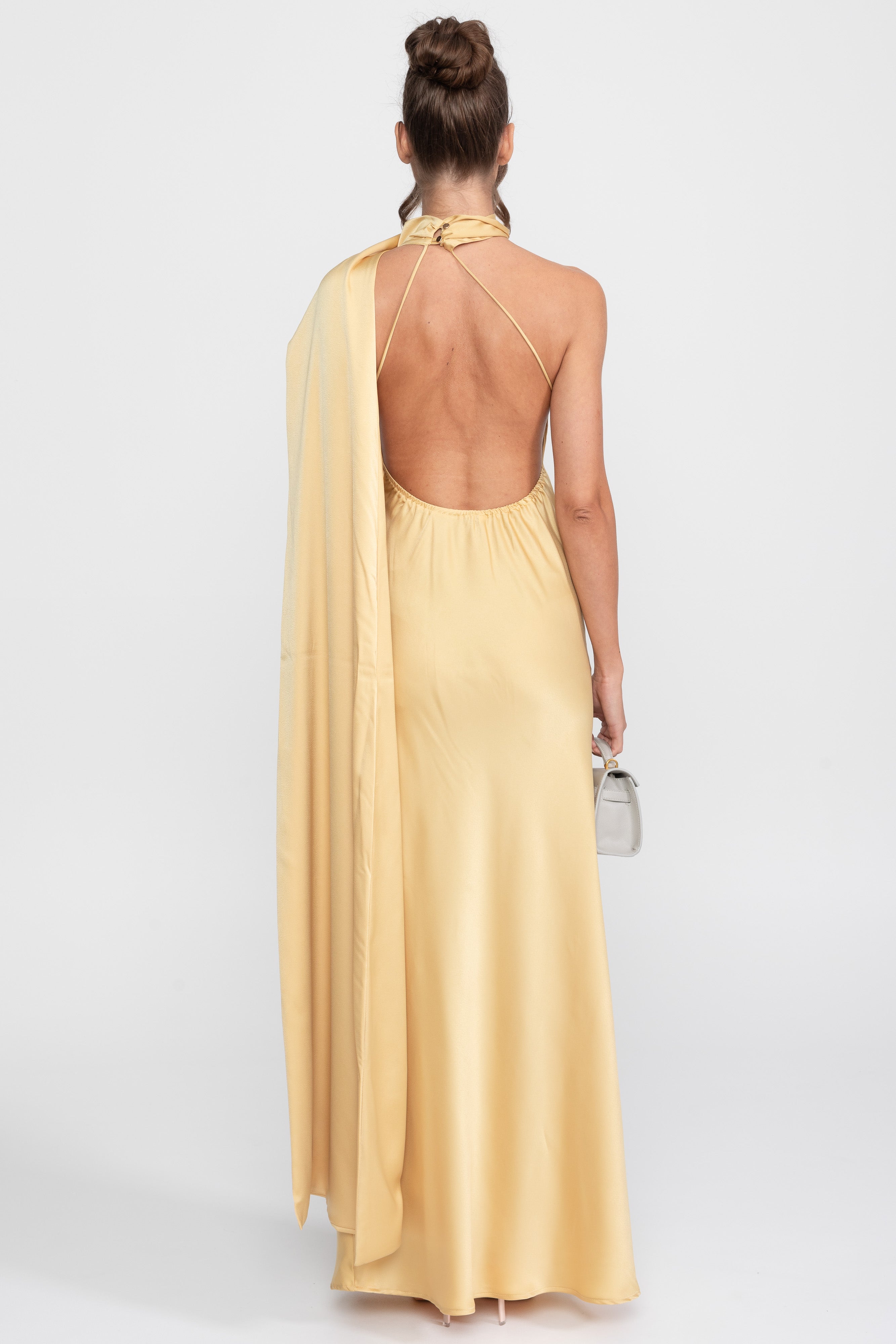 Twist Halter Satin Slip Dress With Asymmetric Neckline - Yellow