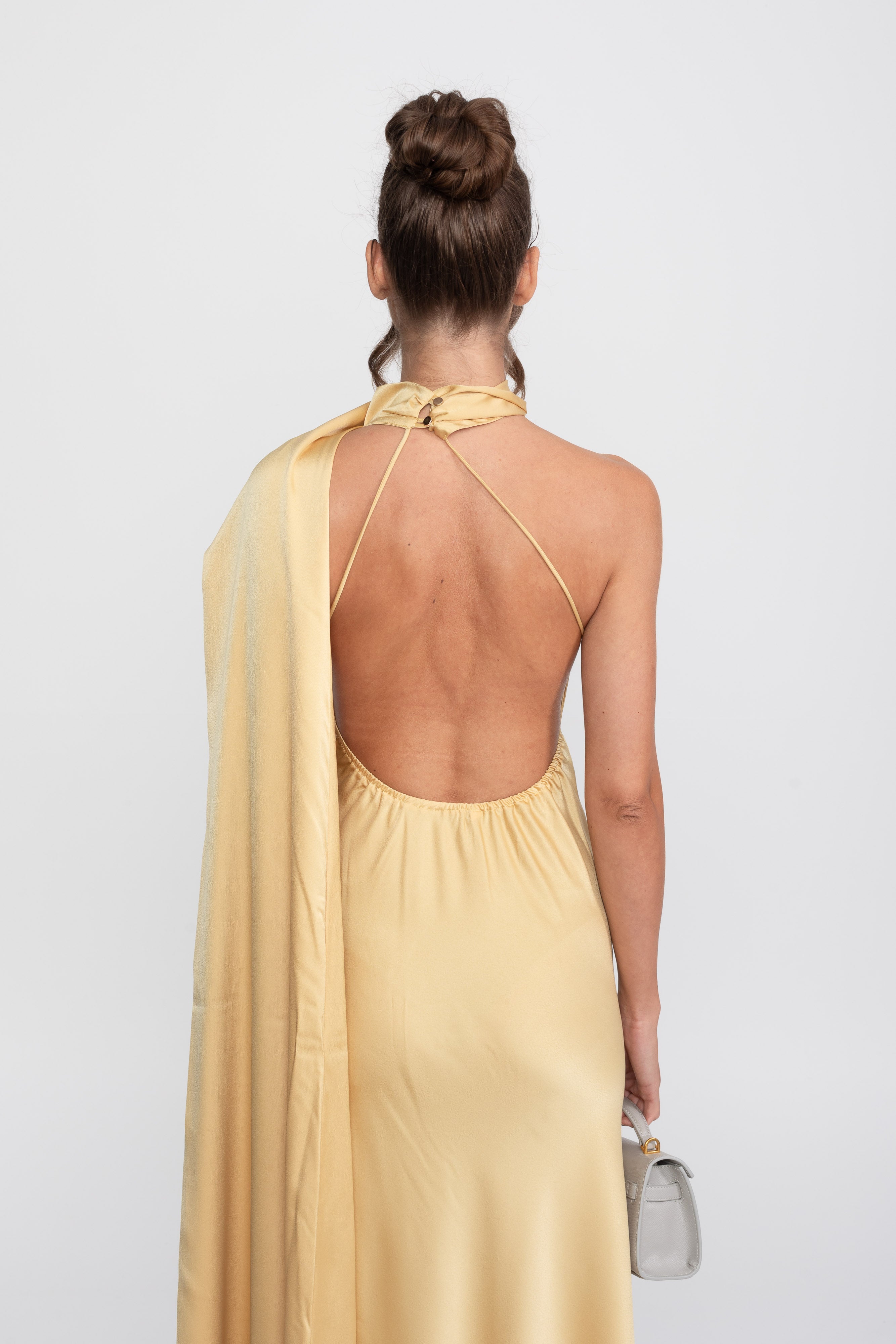 Twist Halter Satin Slip Dress With Asymmetric Neckline - Yellow