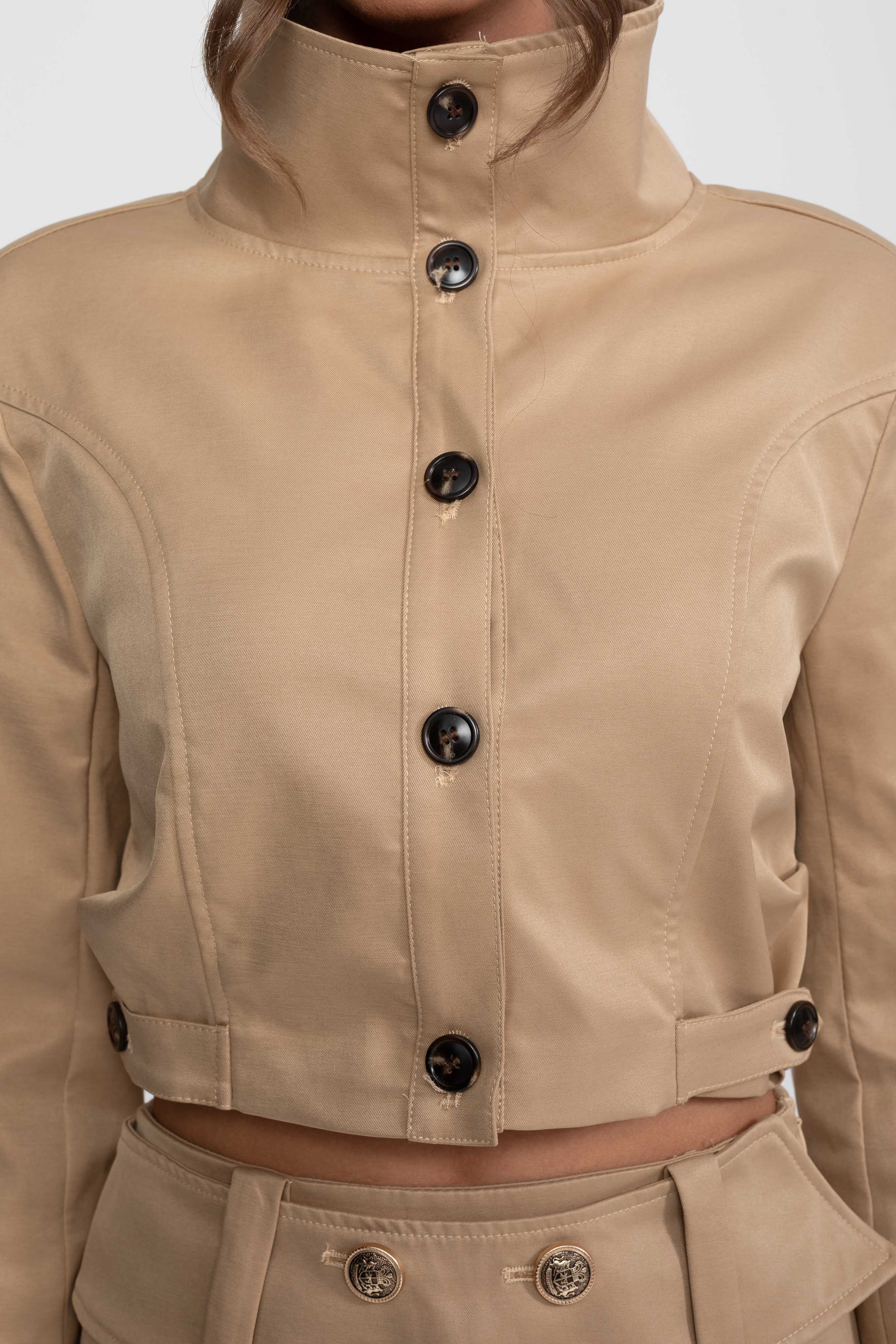 Double-Breasted Cropped Jacket And Mini Skirt Co-Ord Set - Khaki