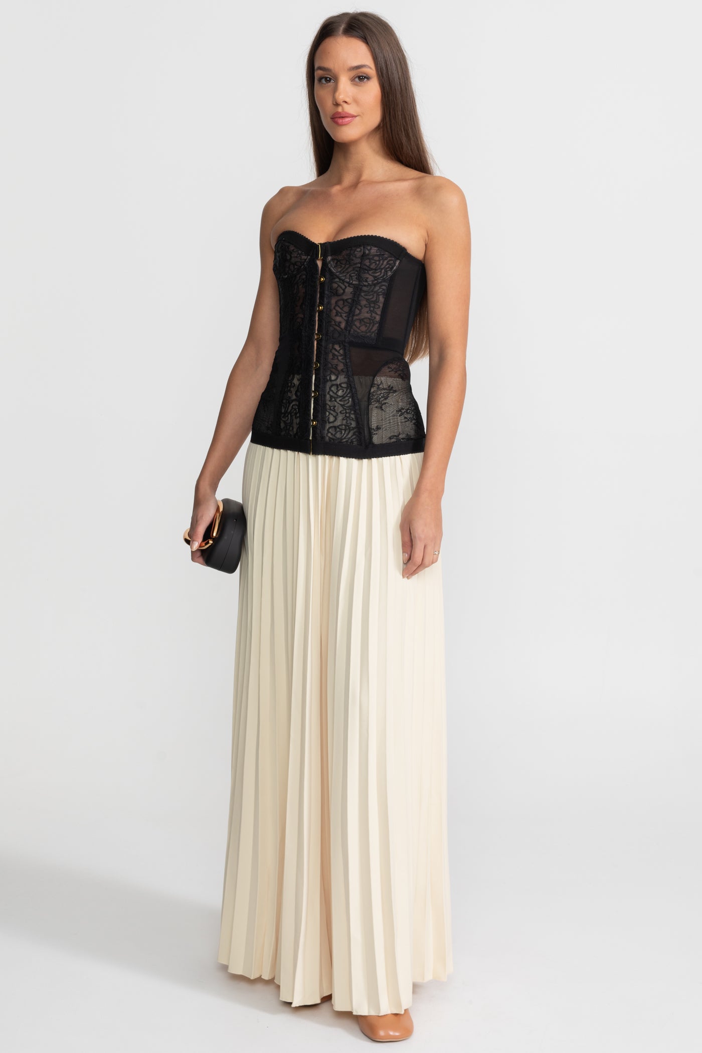 Strapless Lace Corset Top with Boning and Front Closure - Black