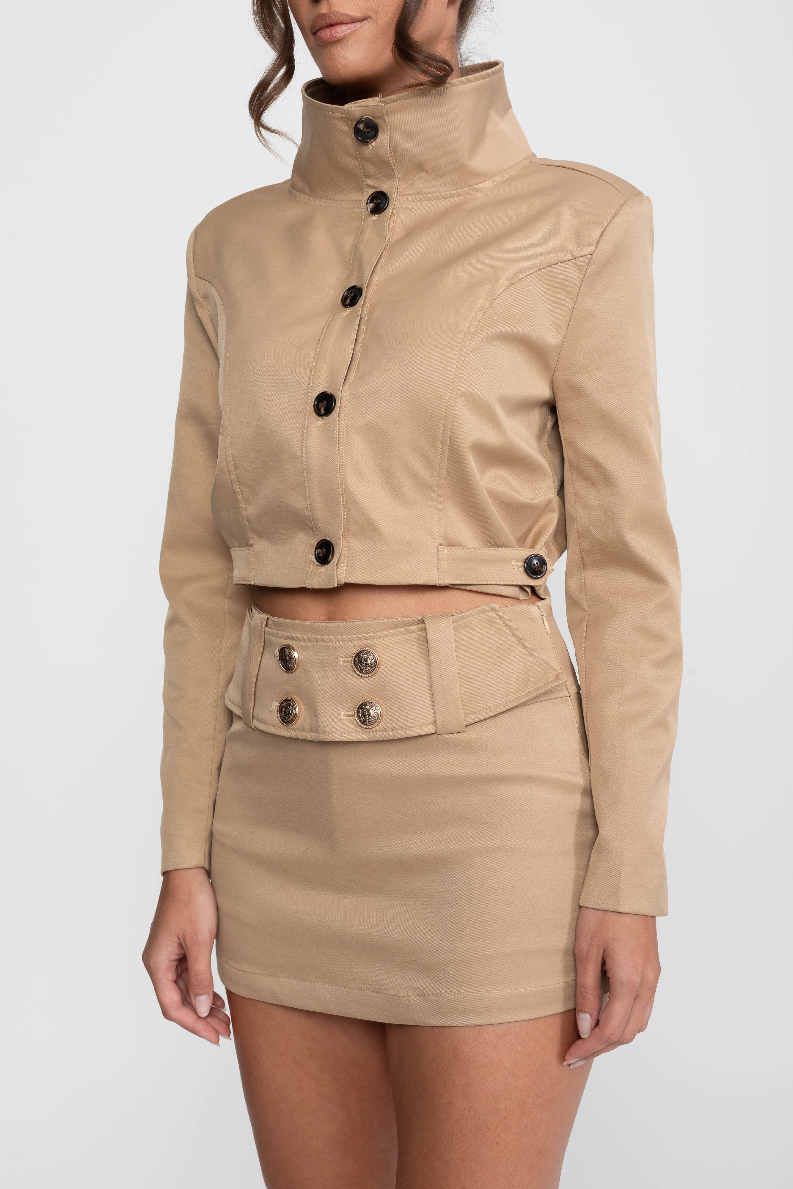 Double-Breasted Cropped Jacket And Mini Skirt Co-Ord Set - Khaki