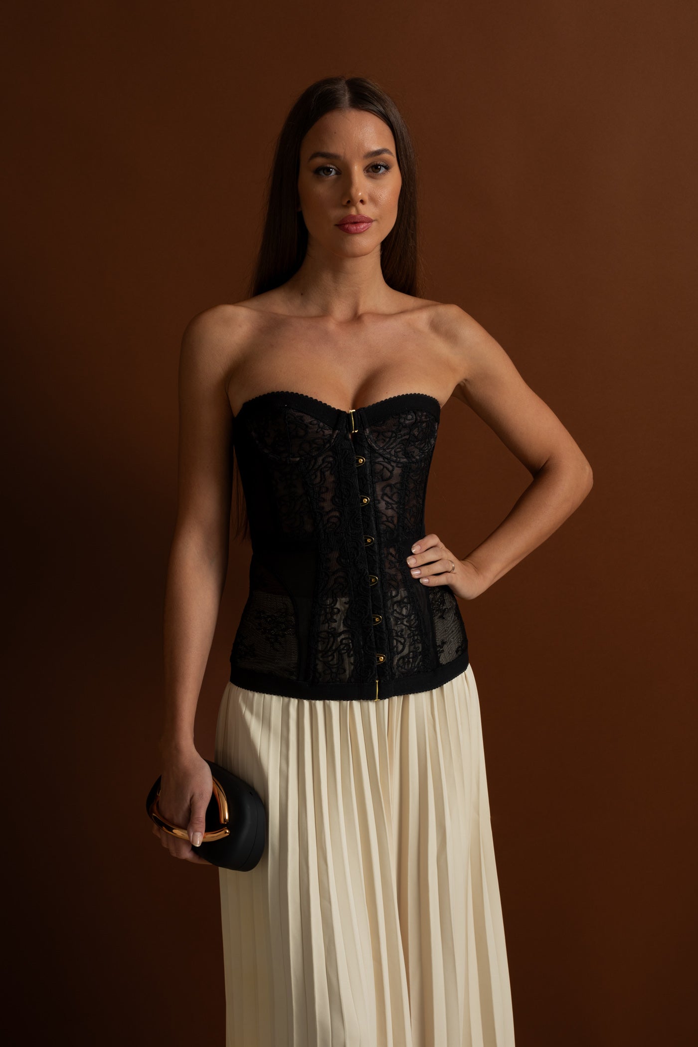 Strapless Lace Corset Top with Boning and Front Closure - Black