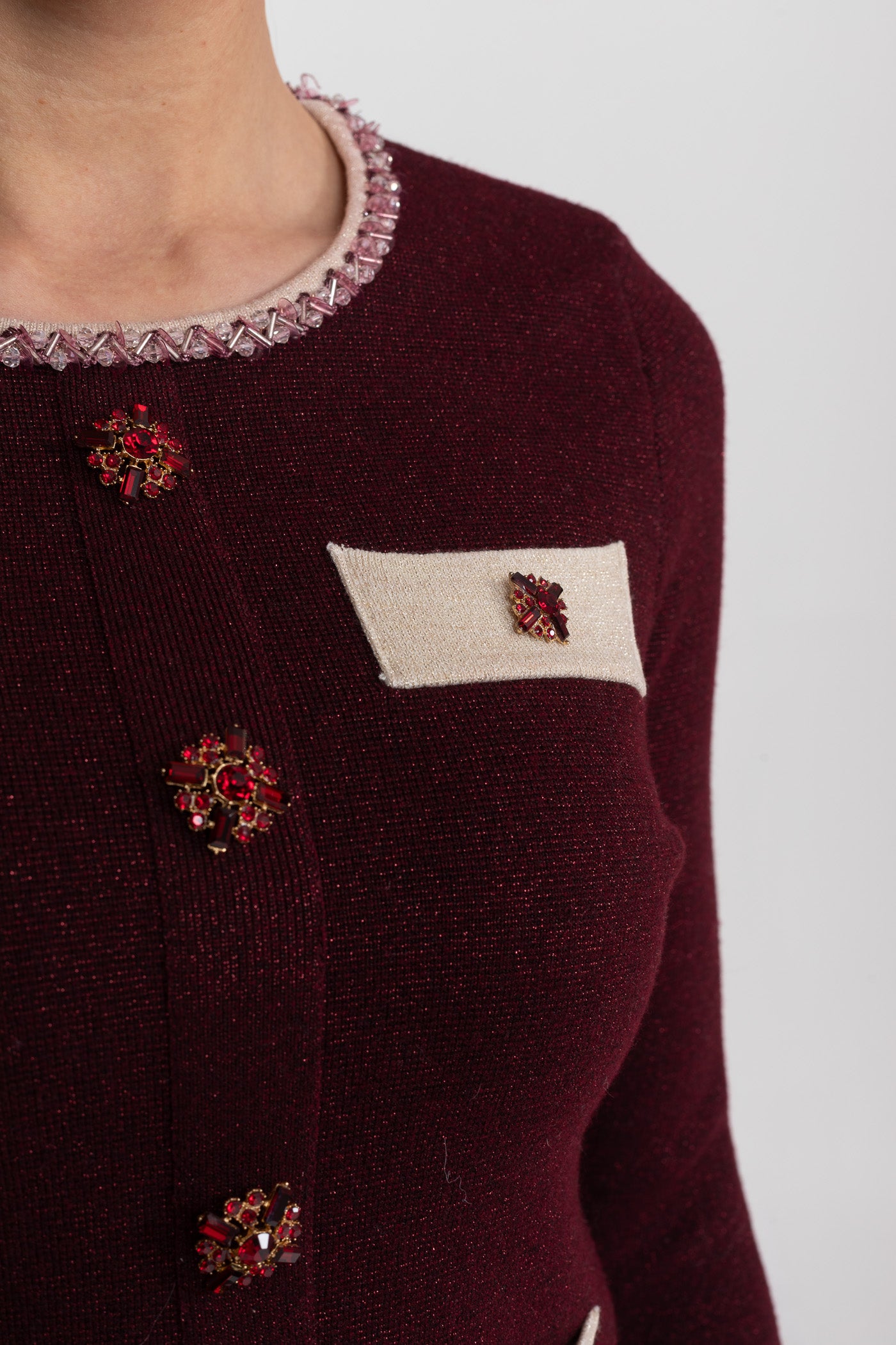 Long Sleeve Knit Co-Ord Set With Contrast Trim And Sparkling Embellishments - Burgundy