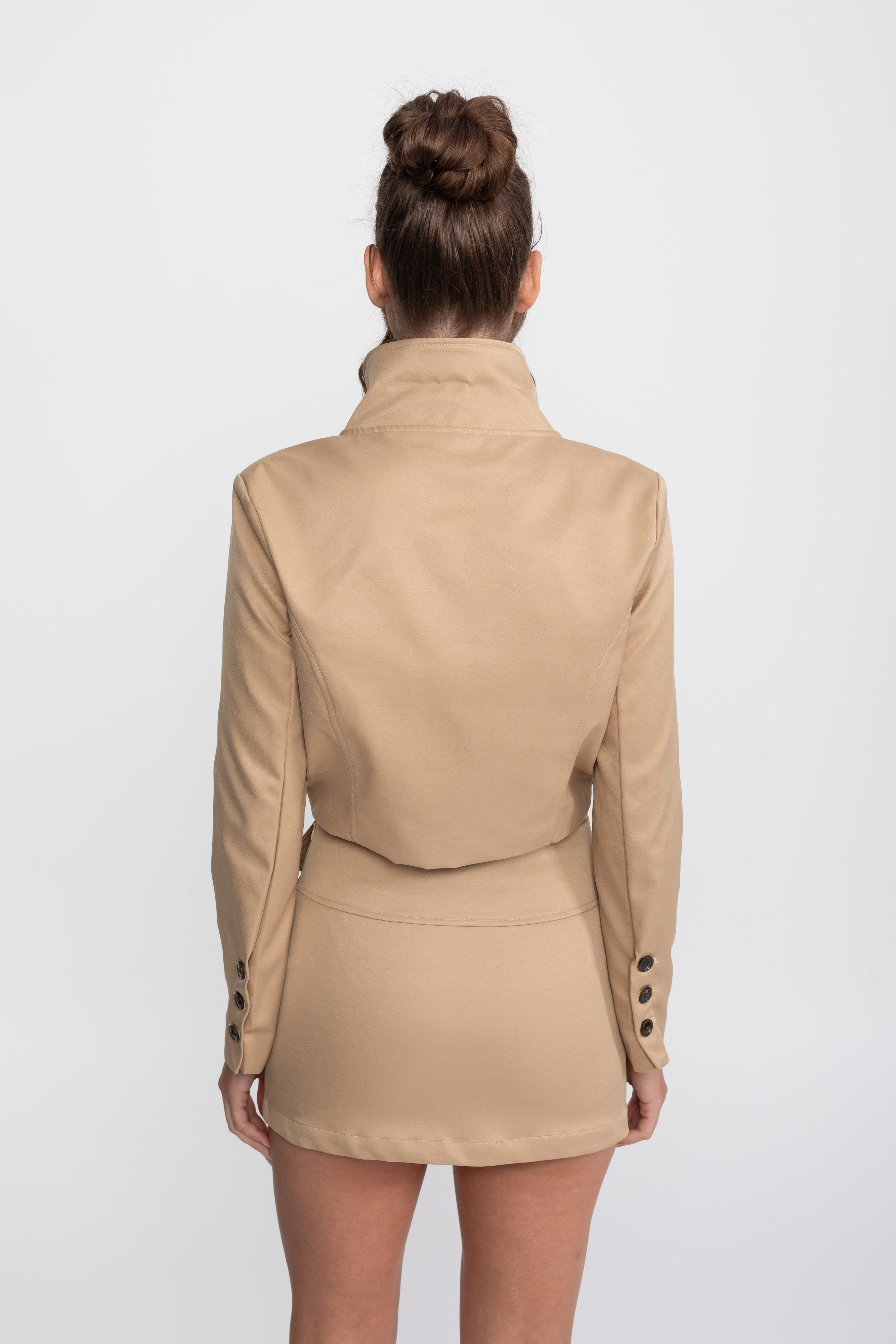 Double-Breasted Cropped Jacket And Mini Skirt Co-Ord Set - Khaki