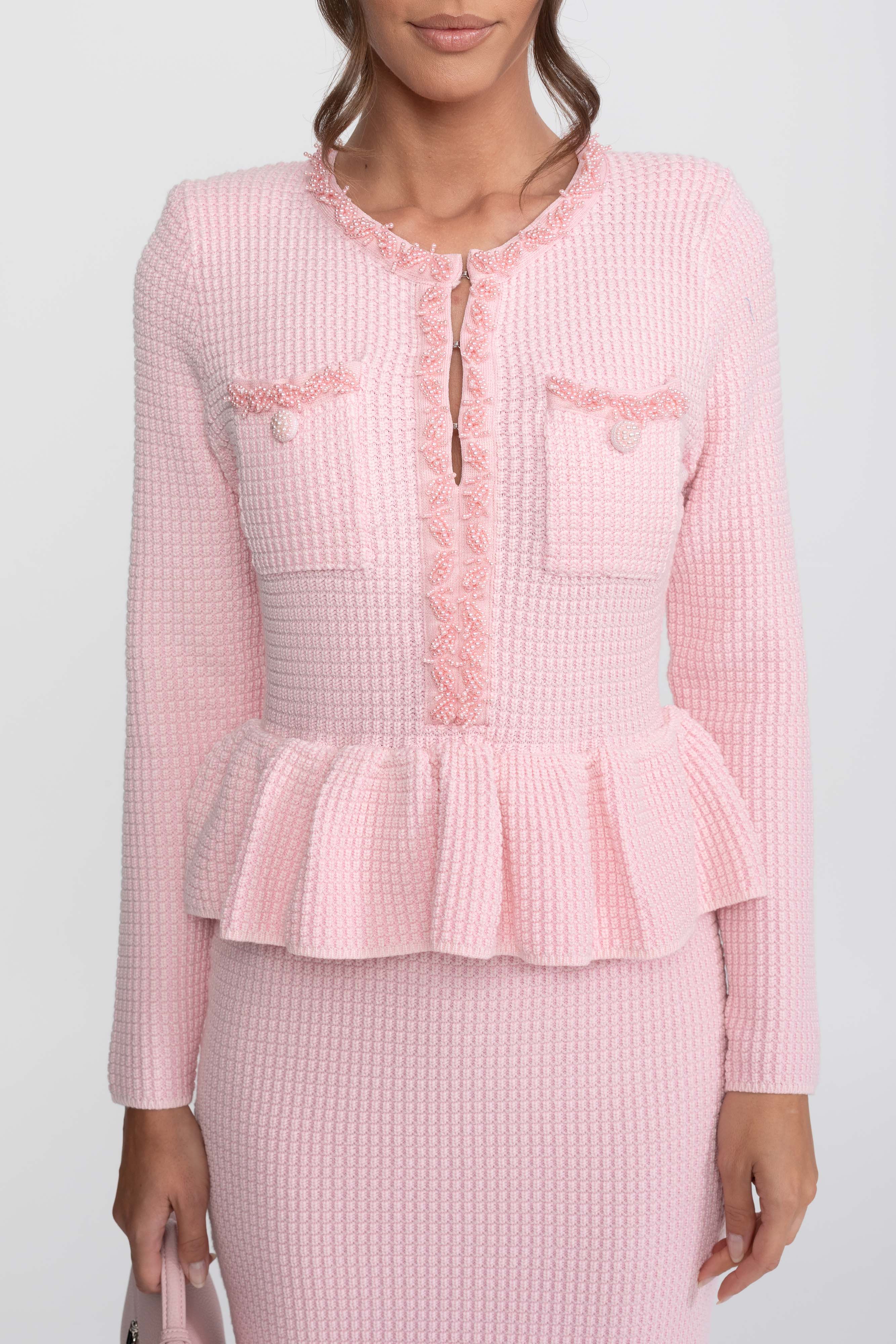 Fringe Trim Knit Peplum Dress With Front Chest Pockets - Pink
