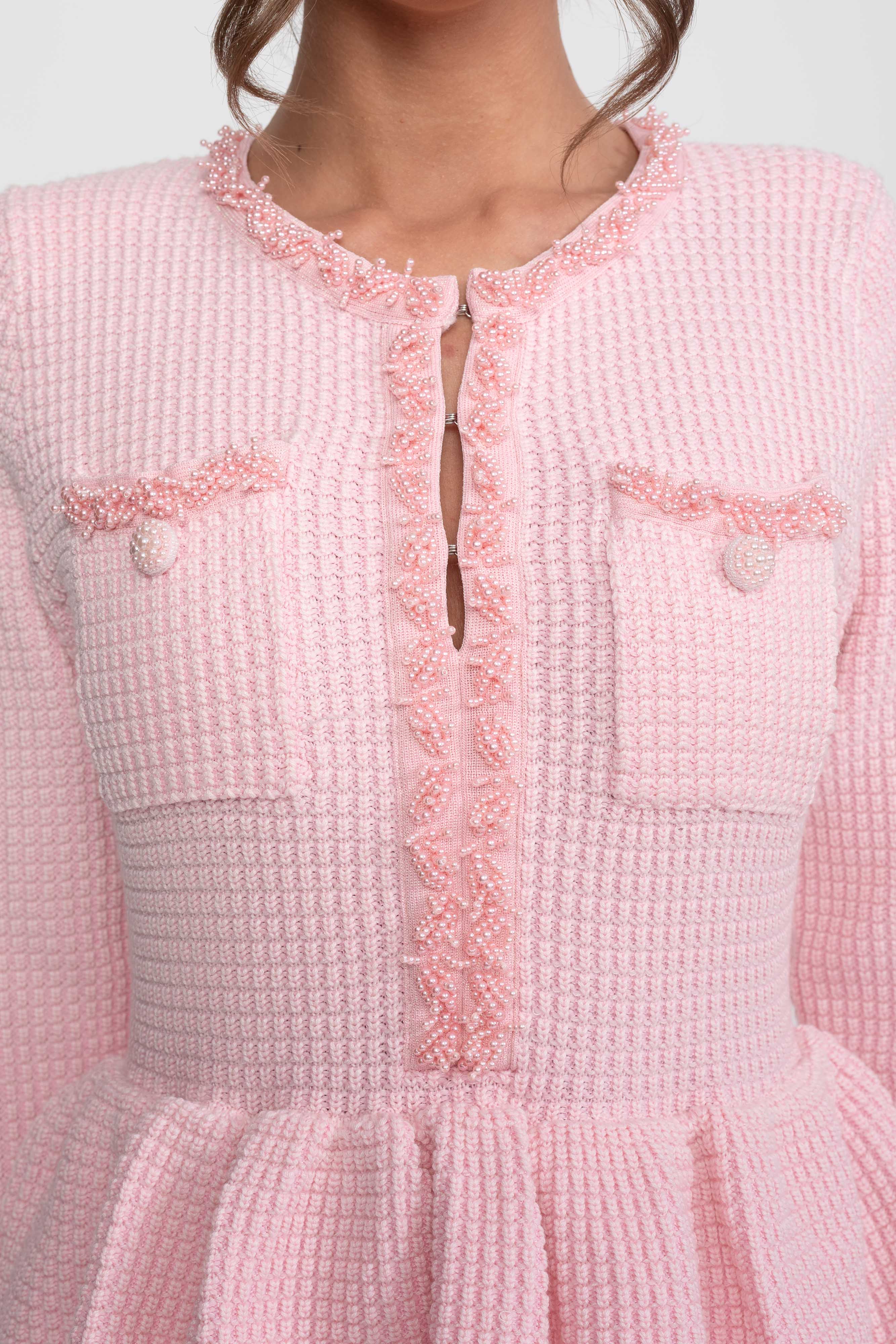 Fringe Trim Knit Peplum Dress With Front Chest Pockets - Pink