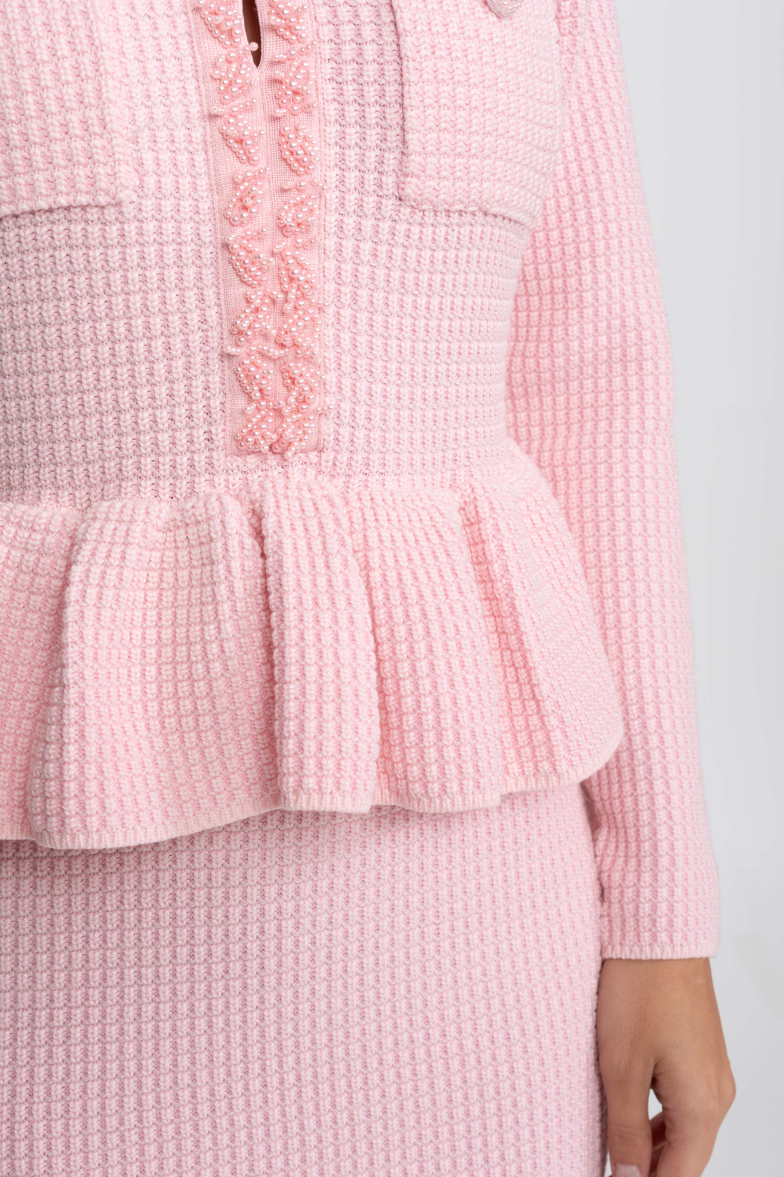 Fringe Trim Knit Peplum Dress With Front Chest Pockets - Pink