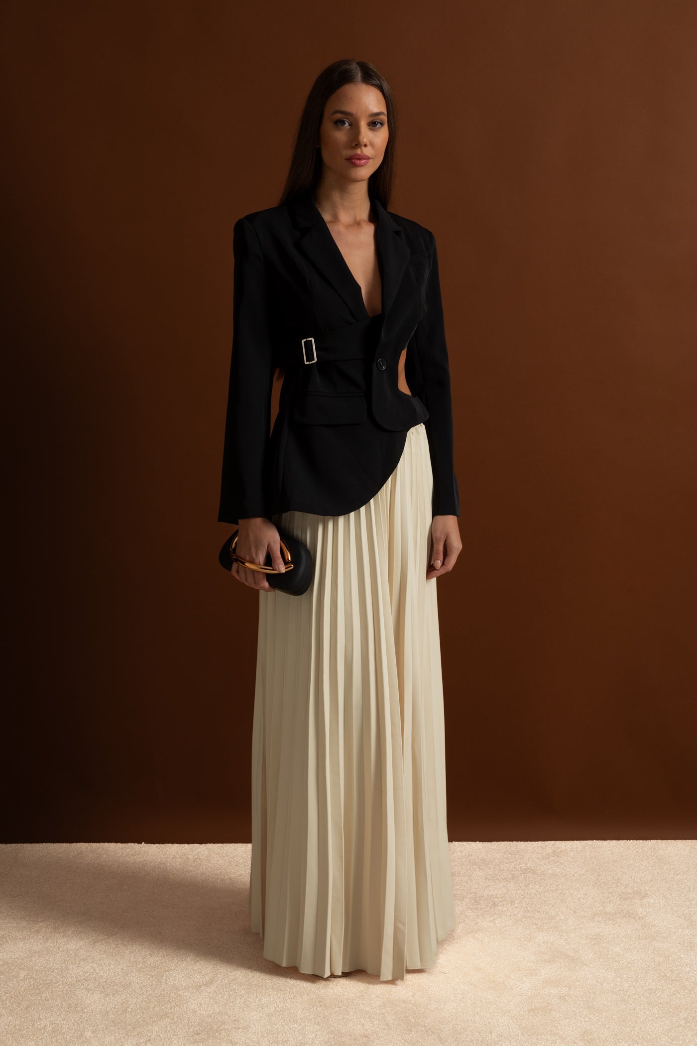 Asymmetric Cut-Out Blazer with Belt Detail - Black