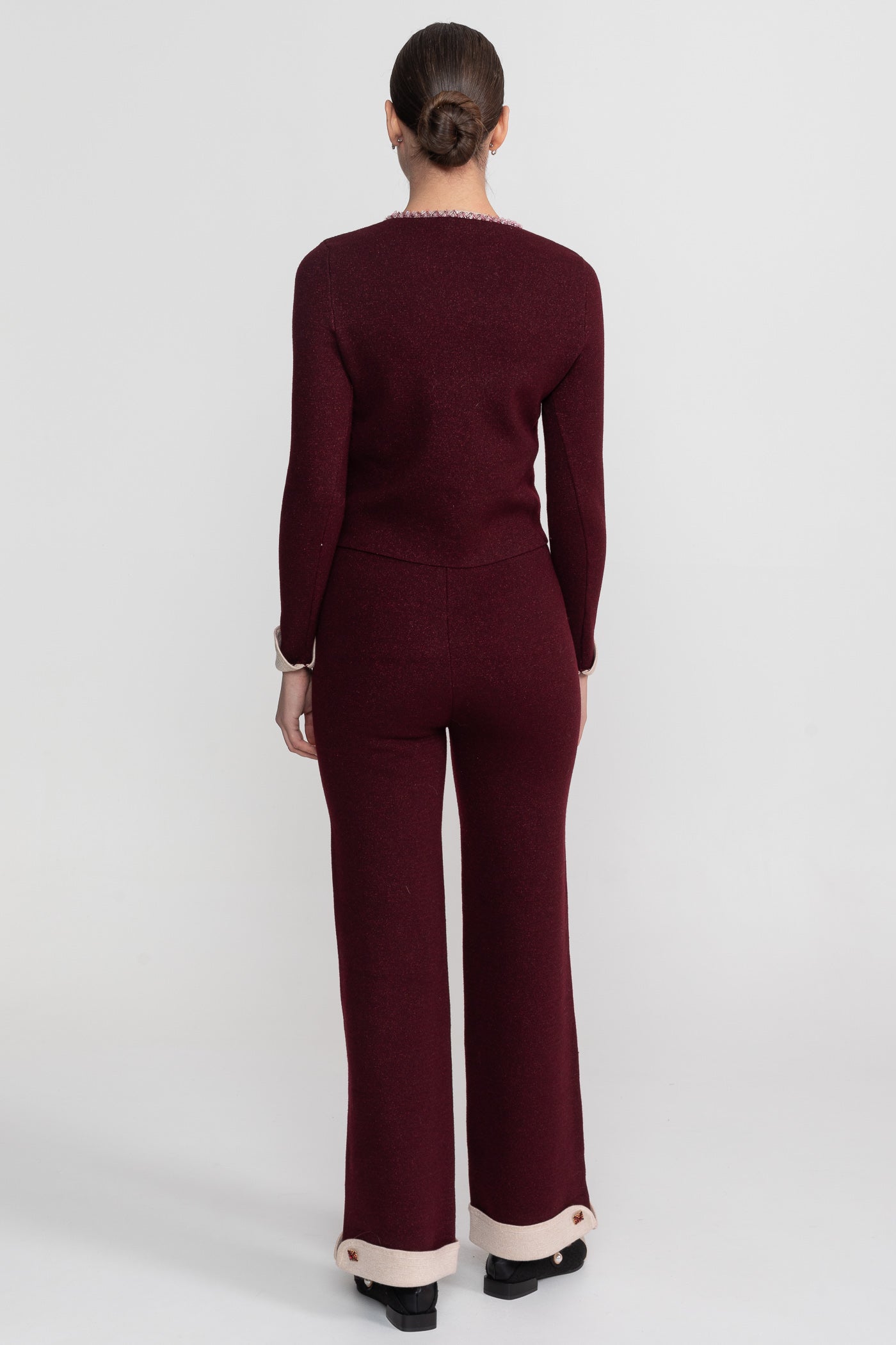 Long Sleeve Knit Co-Ord Set With Contrast Trim And Sparkling Embellishments - Burgundy