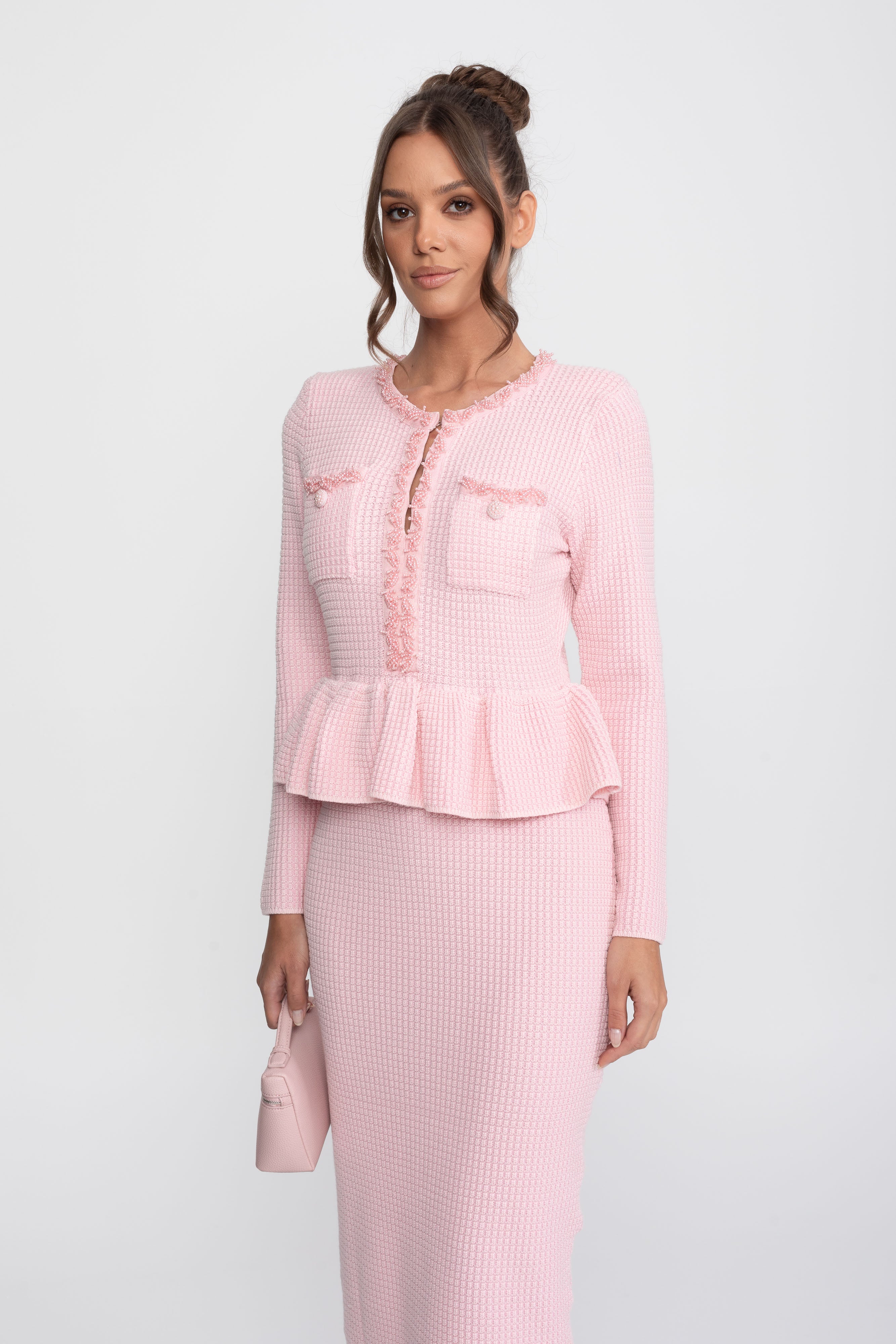 Fringe Trim Knit Peplum Dress With Front Chest Pockets - Pink