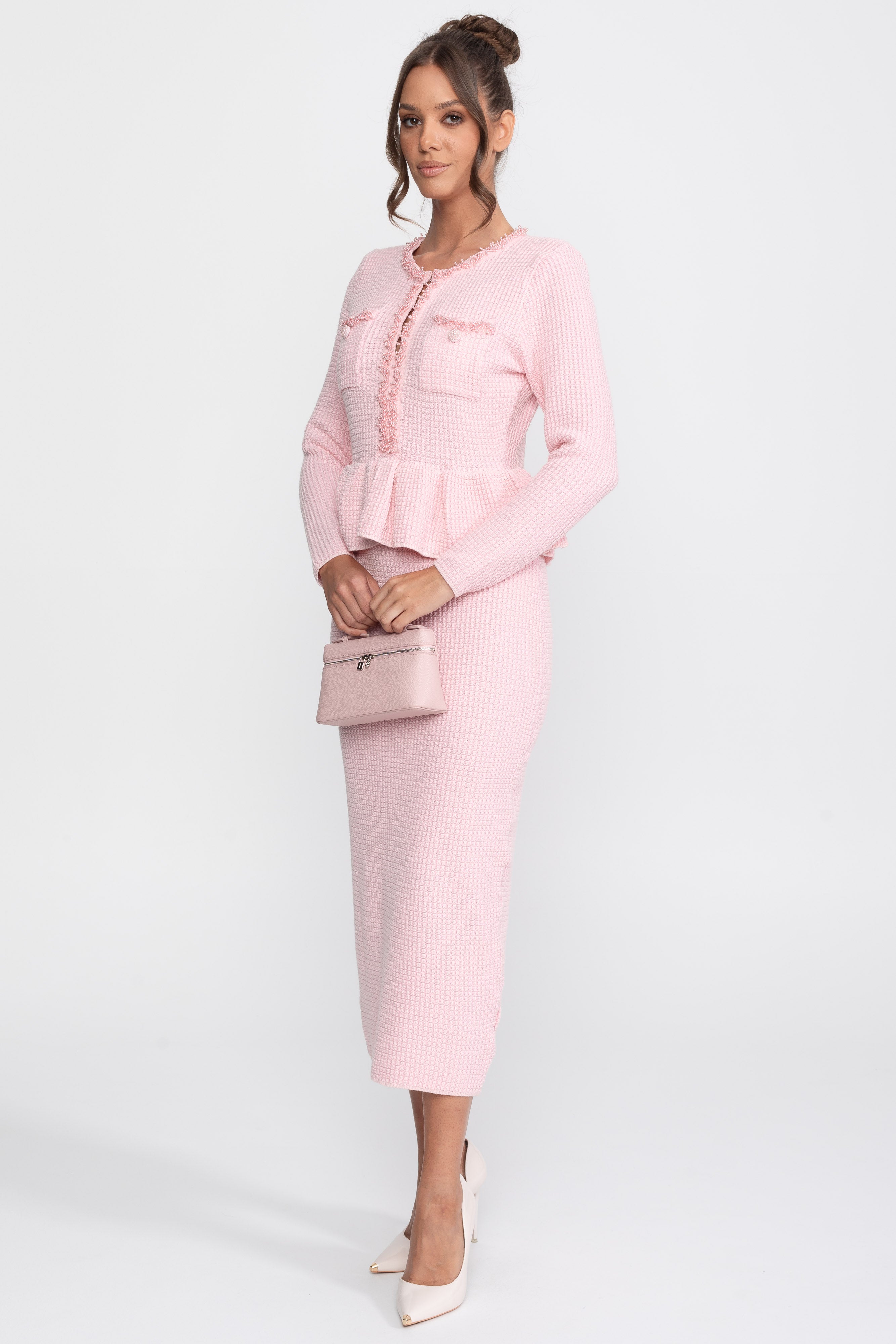 Fringe Trim Knit Peplum Dress With Front Chest Pockets - Pink