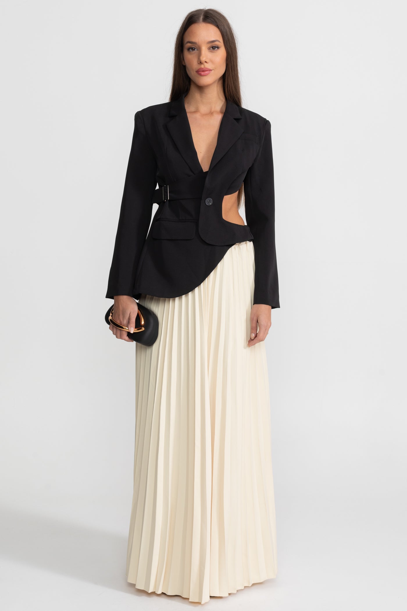 Asymmetric Cut-Out Blazer with Belt Detail - Black