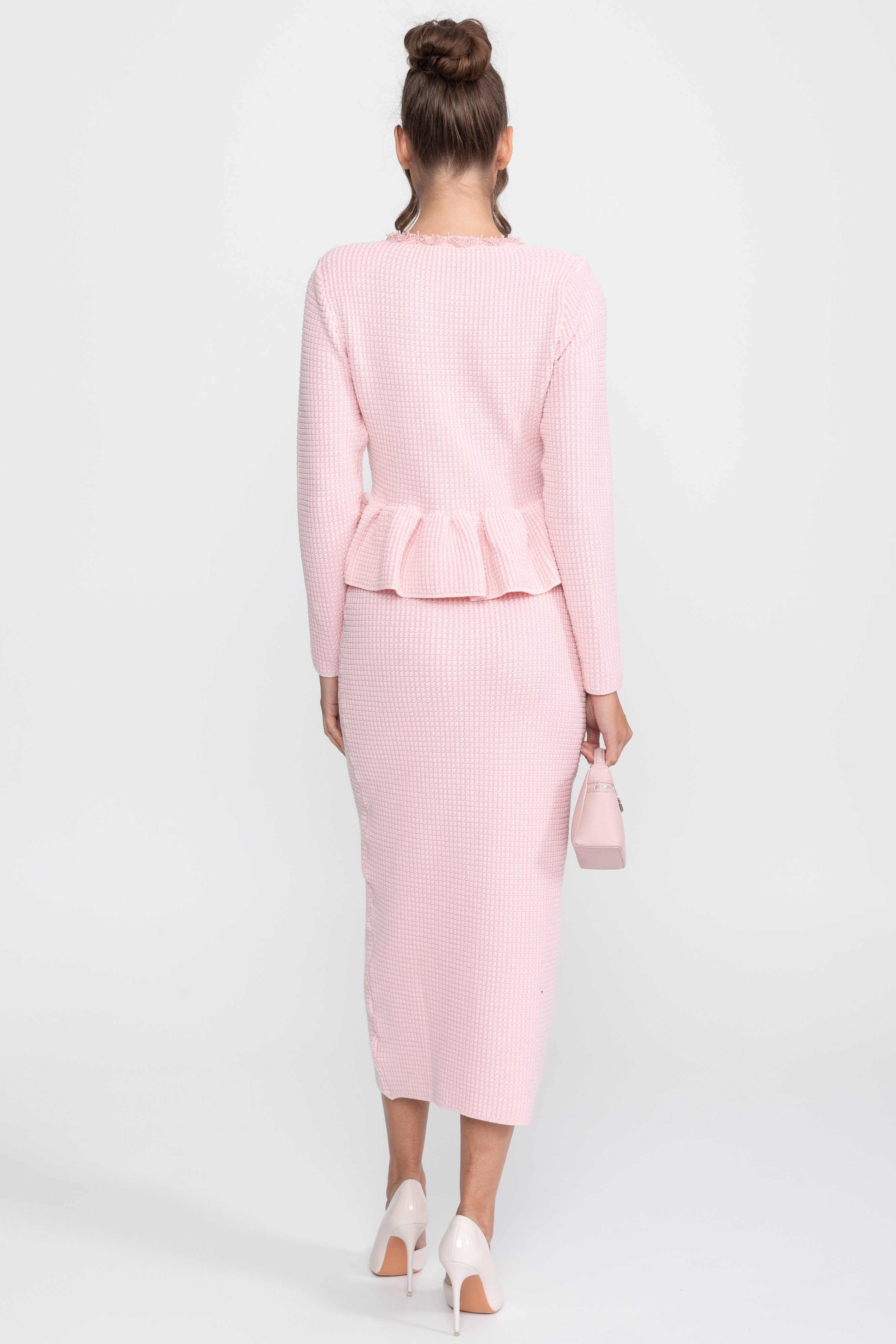 Fringe Trim Knit Peplum Dress With Front Chest Pockets - Pink