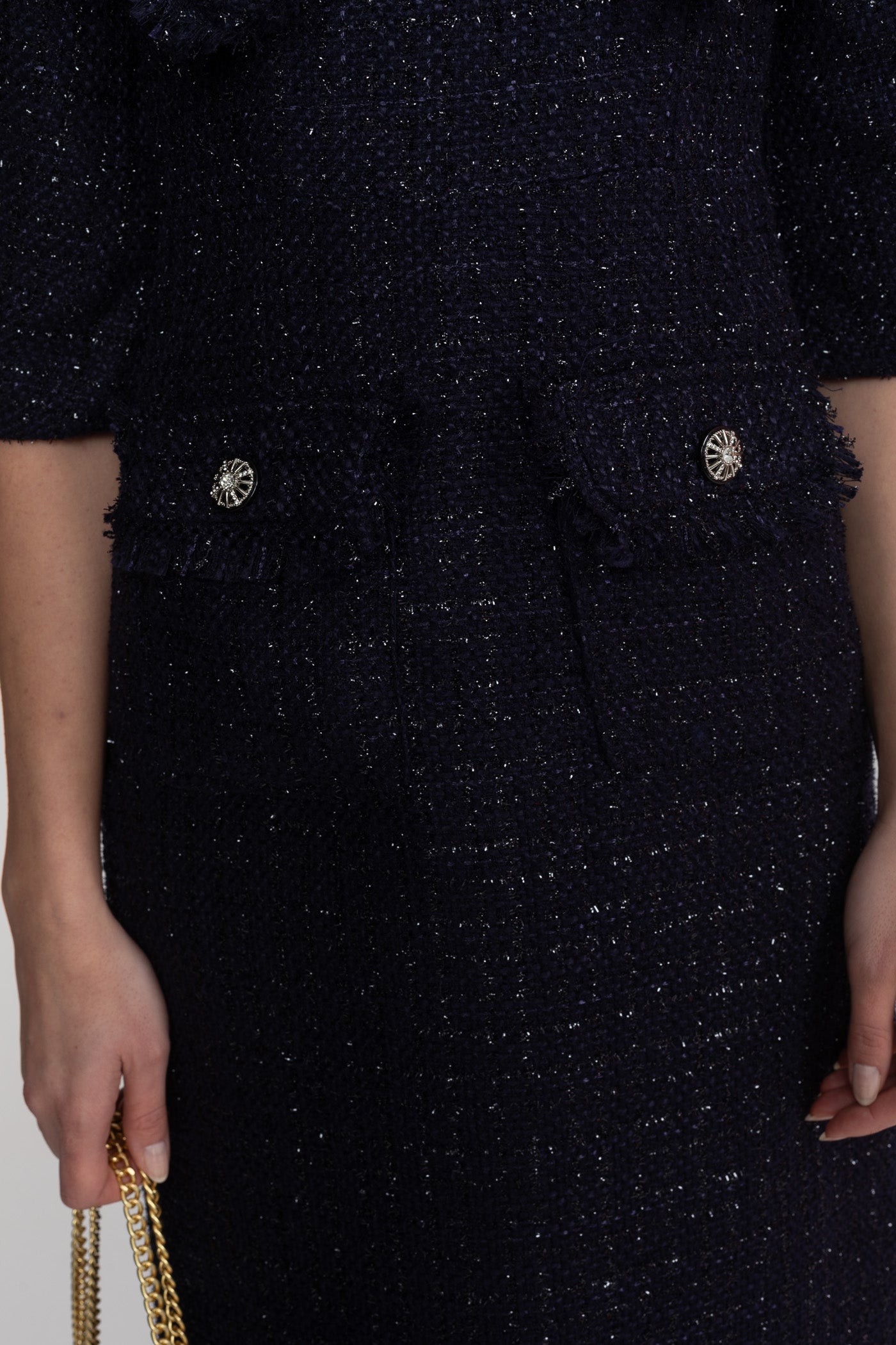 Tweed Midi Dress With Oversized Bow Neck Detail - Navy