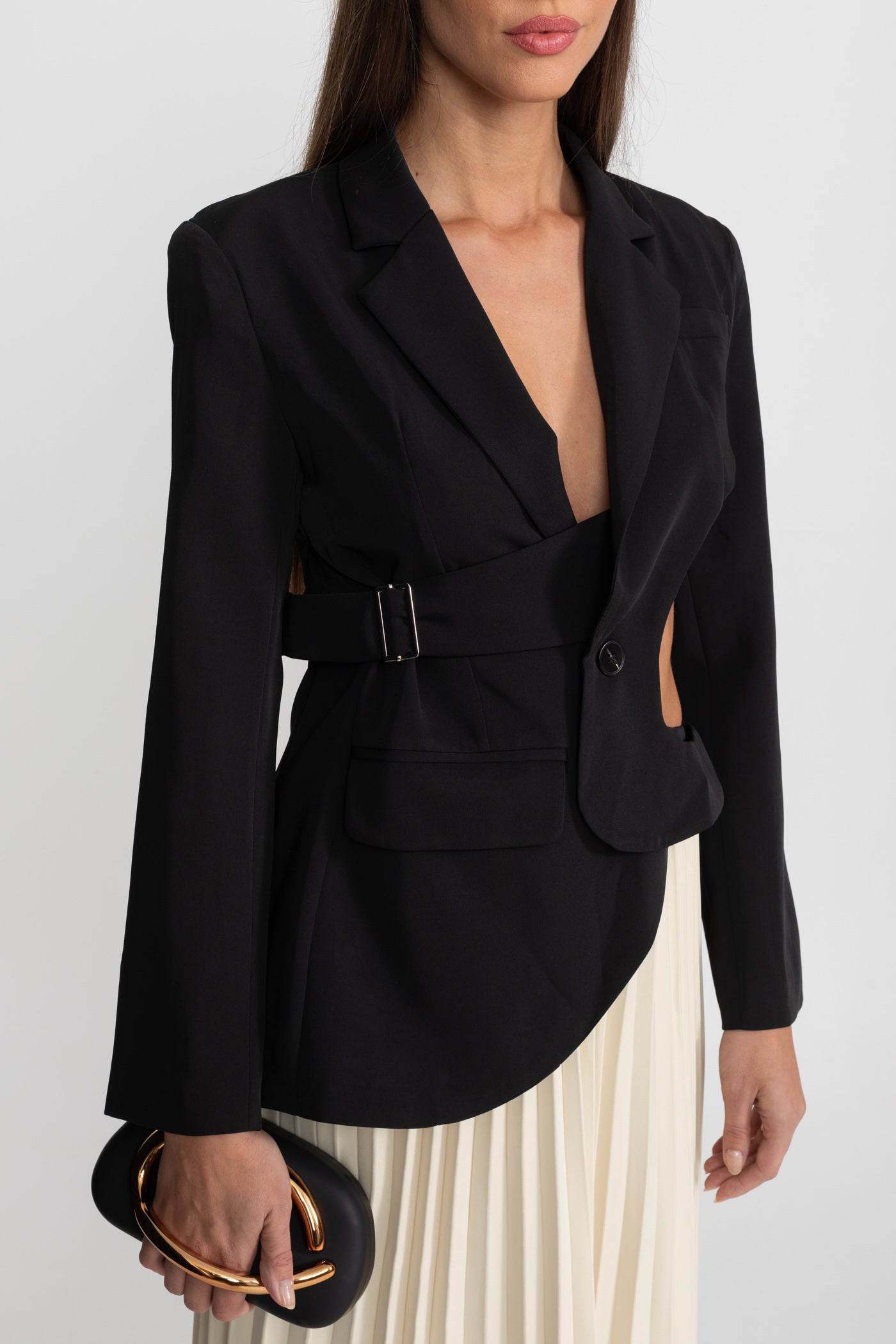 Asymmetric Cut-Out Blazer with Belt Detail - Black
