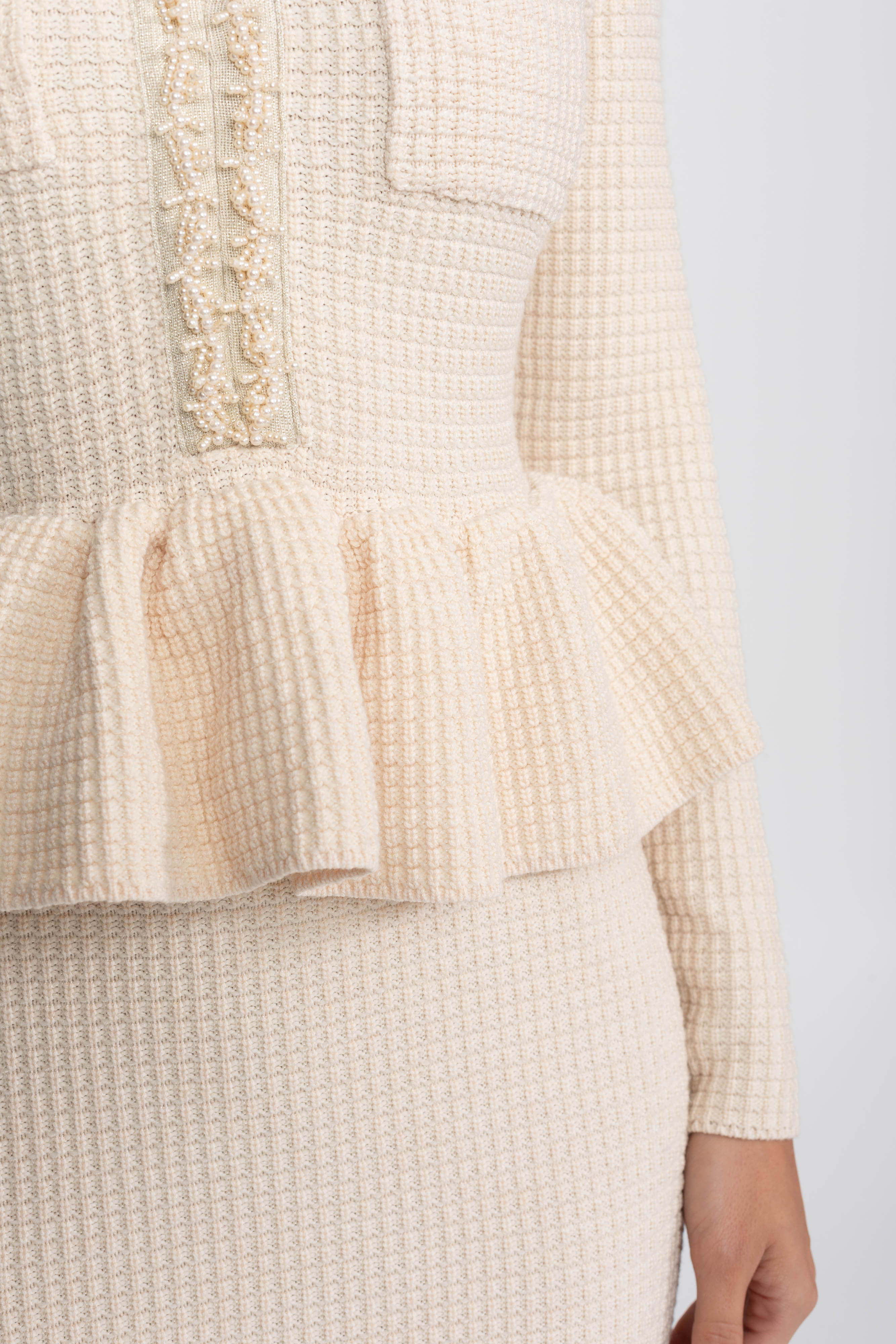 Fringe Trim Knit Peplum Dress With Front Chest Pockets - Beige